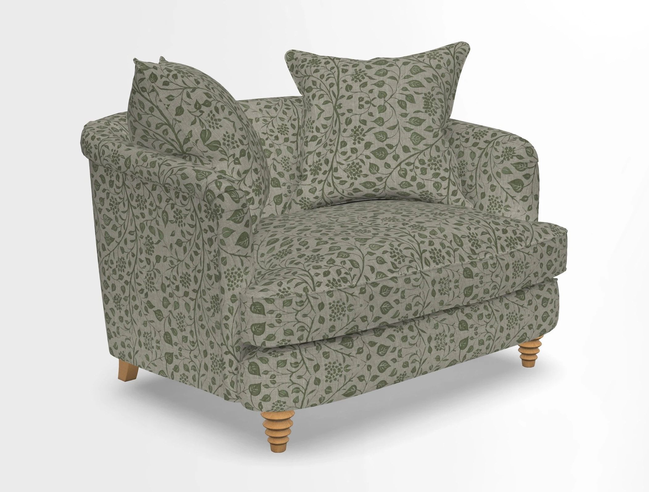 Helmsley Snuggler in V&A Threads of India Opulent Velvets Forest Creatures Hunter piping in Swiss Velvet Olive and scatter in Stockport Stripe Flame