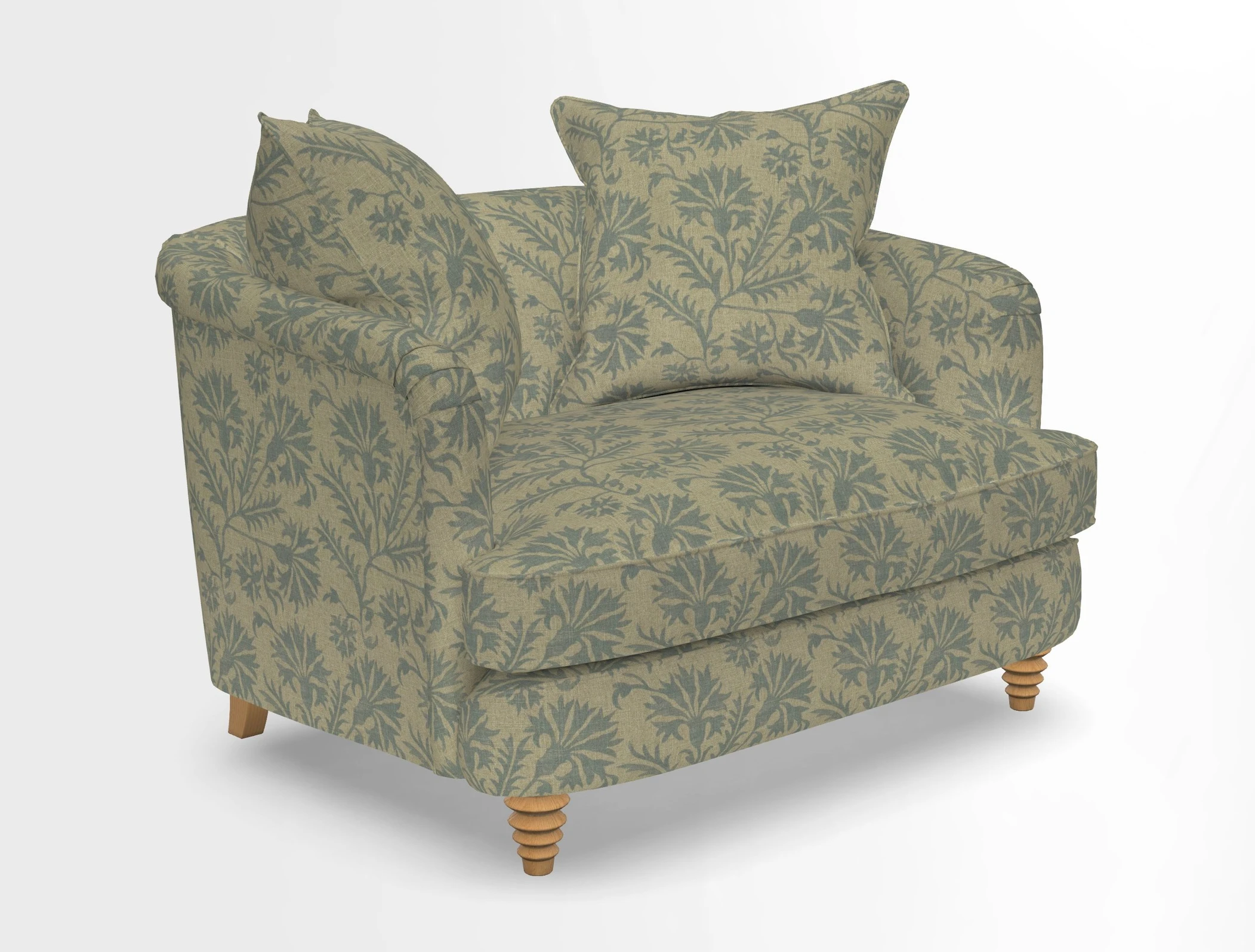 Helmsley Snuggler in V&A Threads of India Opulent Velvets Forest Creatures Hunter piping in Swiss Velvet Olive and scatter in Stockport Stripe Flame