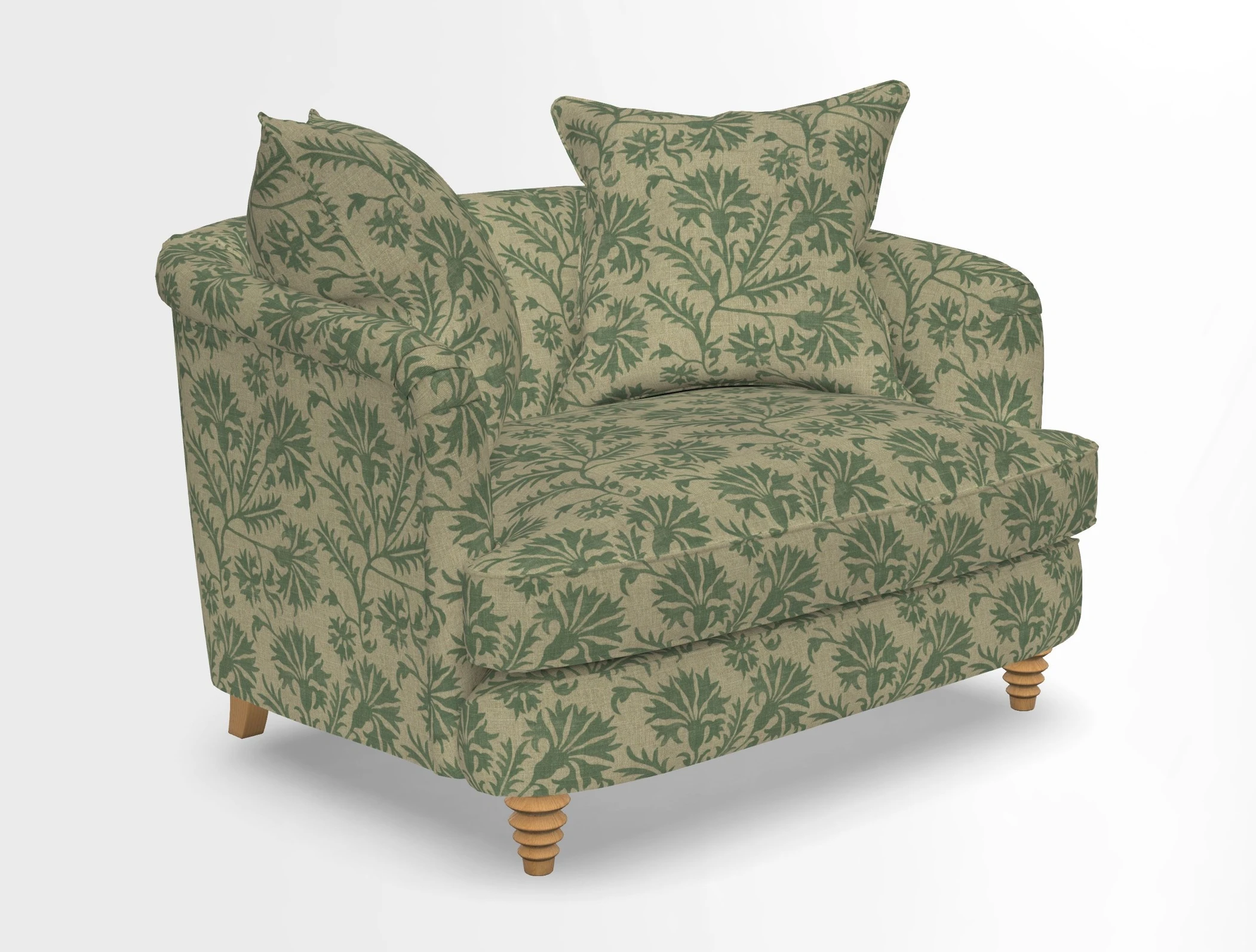 Helmsley Snuggler in V&A Threads of India Opulent Velvets Forest Creatures Hunter piping in Swiss Velvet Olive and scatter in Stockport Stripe Flame