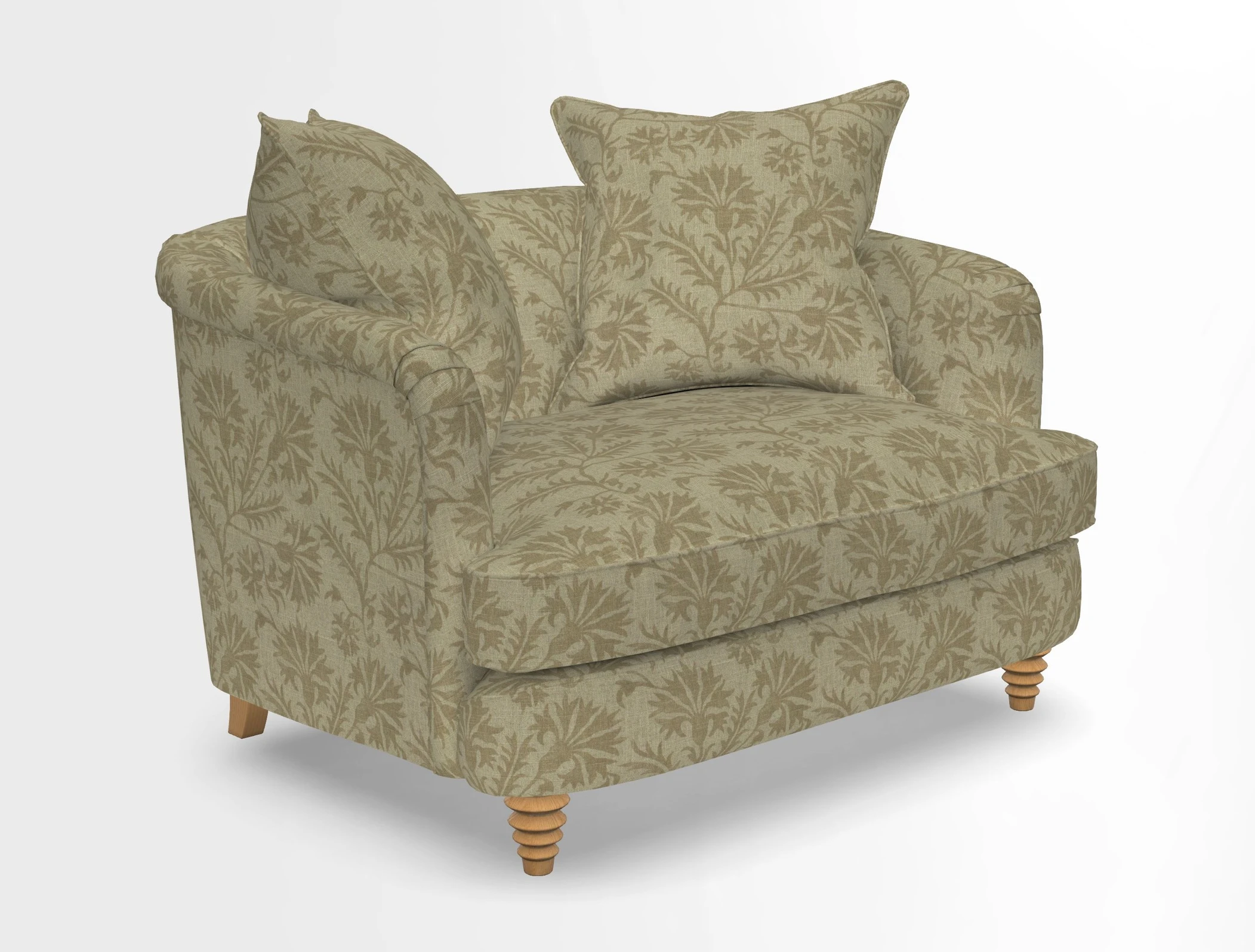 Helmsley Snuggler in V&A Threads of India Opulent Velvets Forest Creatures Hunter piping in Swiss Velvet Olive and scatter in Stockport Stripe Flame