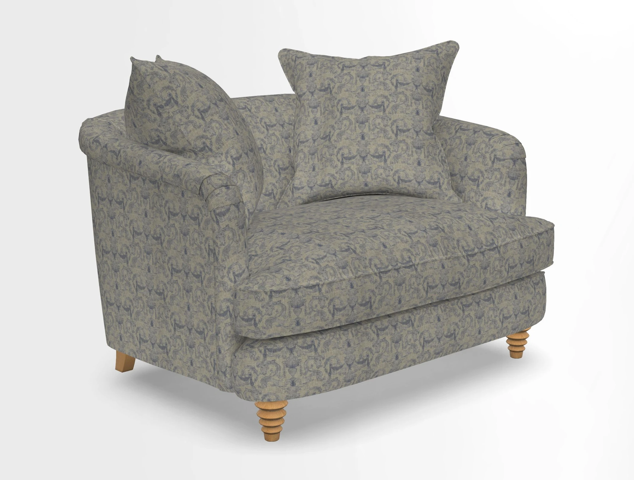 Helmsley Snuggler in V&A Threads of India Opulent Velvets Forest Creatures Hunter piping in Swiss Velvet Olive and scatter in Stockport Stripe Flame