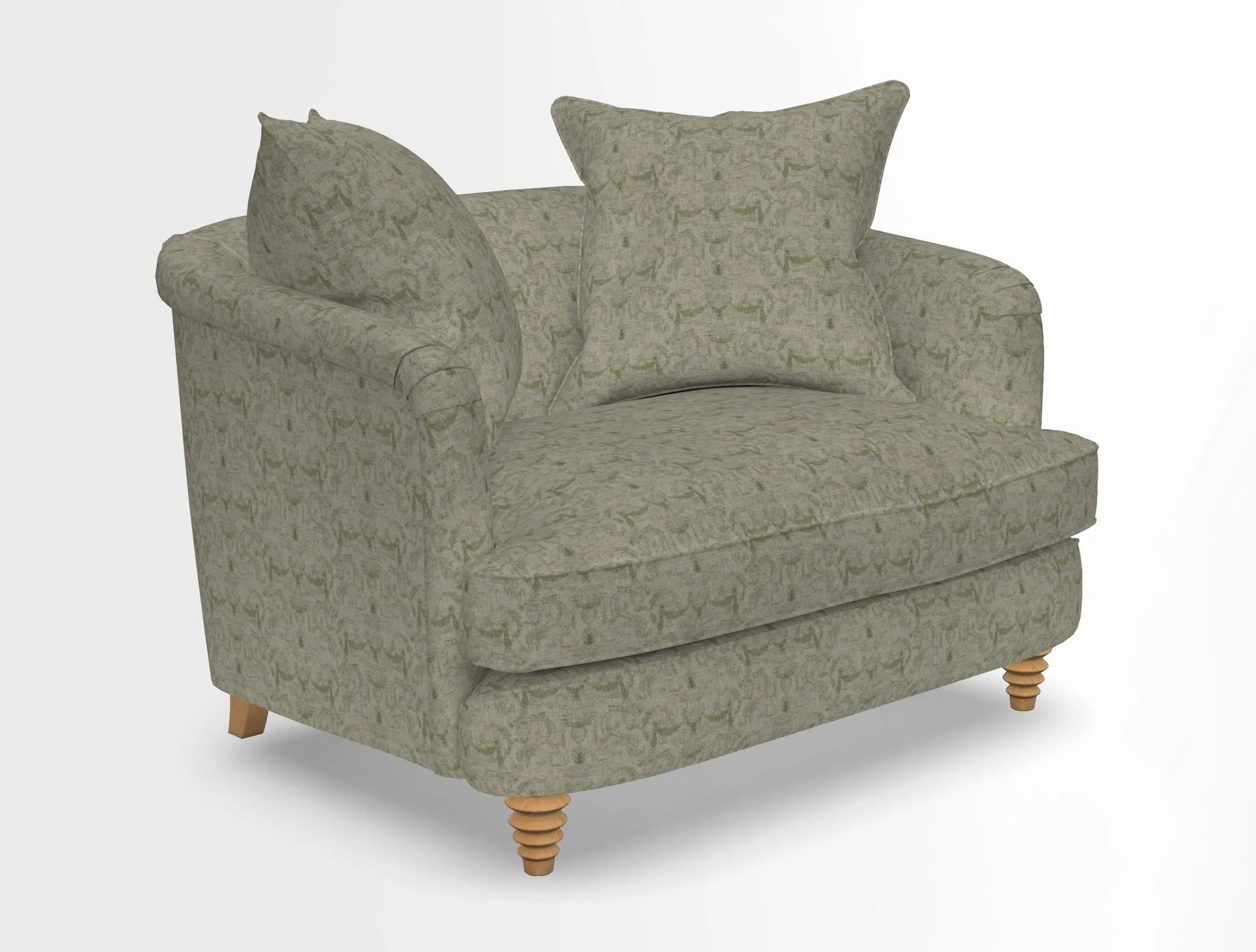 Helmsley Snuggler in V&A Threads of India Opulent Velvets Forest Creatures Hunter piping in Swiss Velvet Olive and scatter in Stockport Stripe Flame