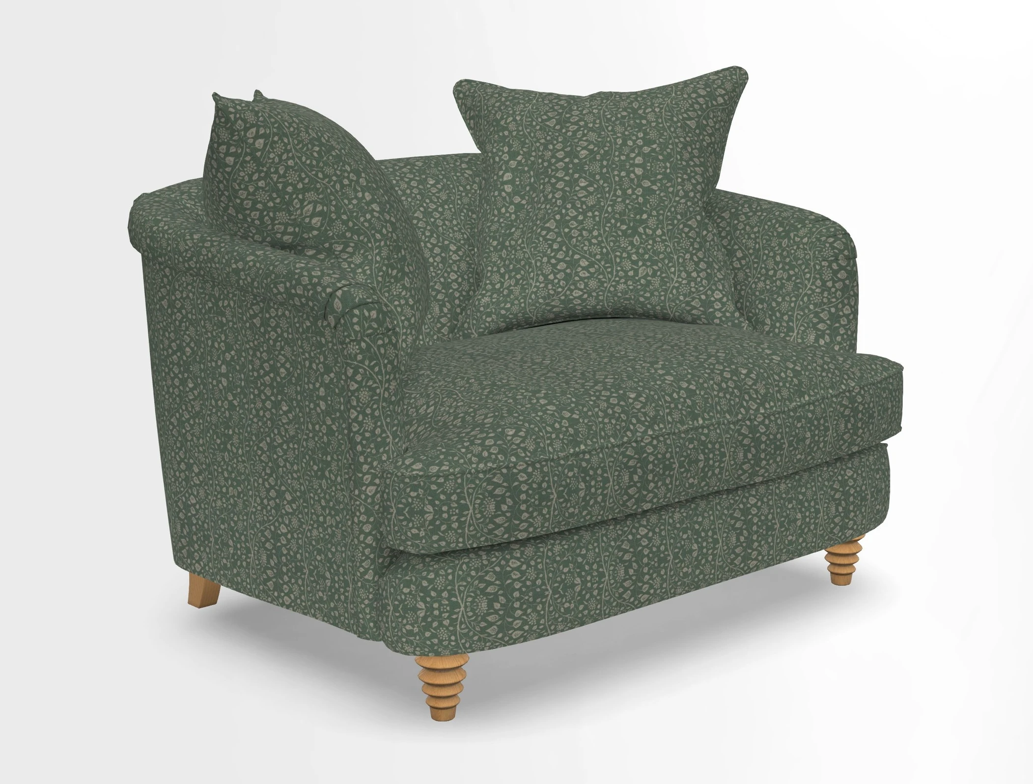 Helmsley Snuggler in V&A Threads of India Opulent Velvets Forest Creatures Hunter piping in Swiss Velvet Olive and scatter in Stockport Stripe Flame