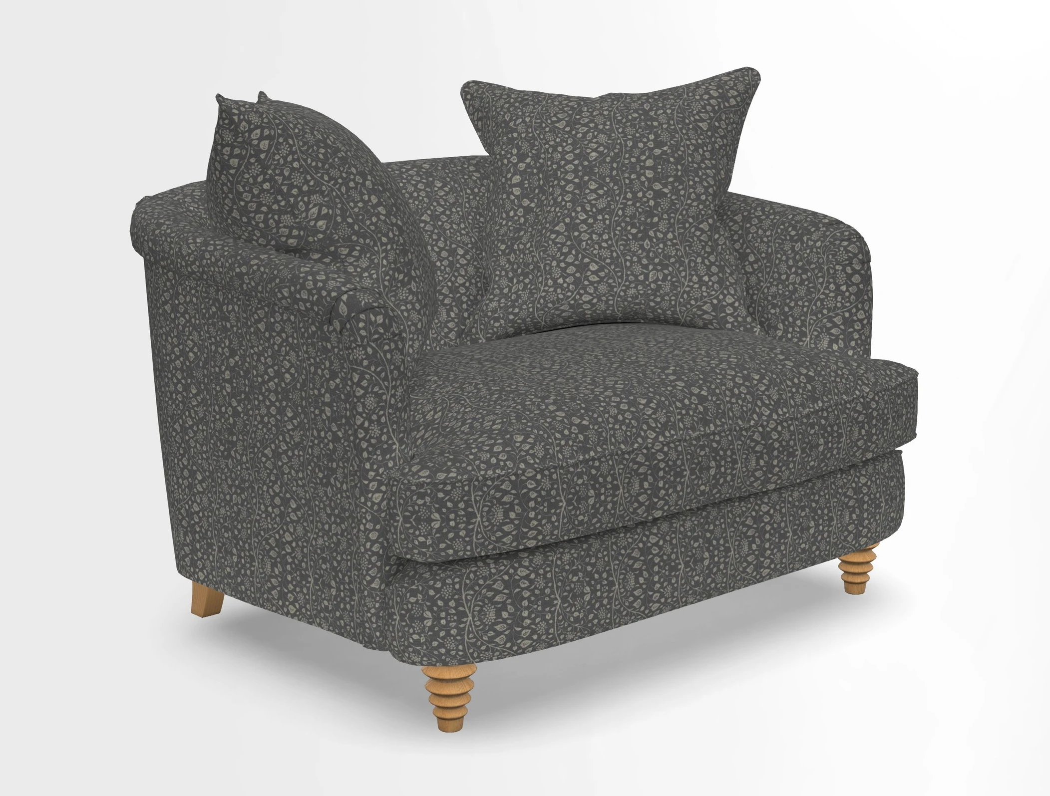Helmsley Snuggler in V&A Threads of India Opulent Velvets Forest Creatures Hunter piping in Swiss Velvet Olive and scatter in Stockport Stripe Flame
