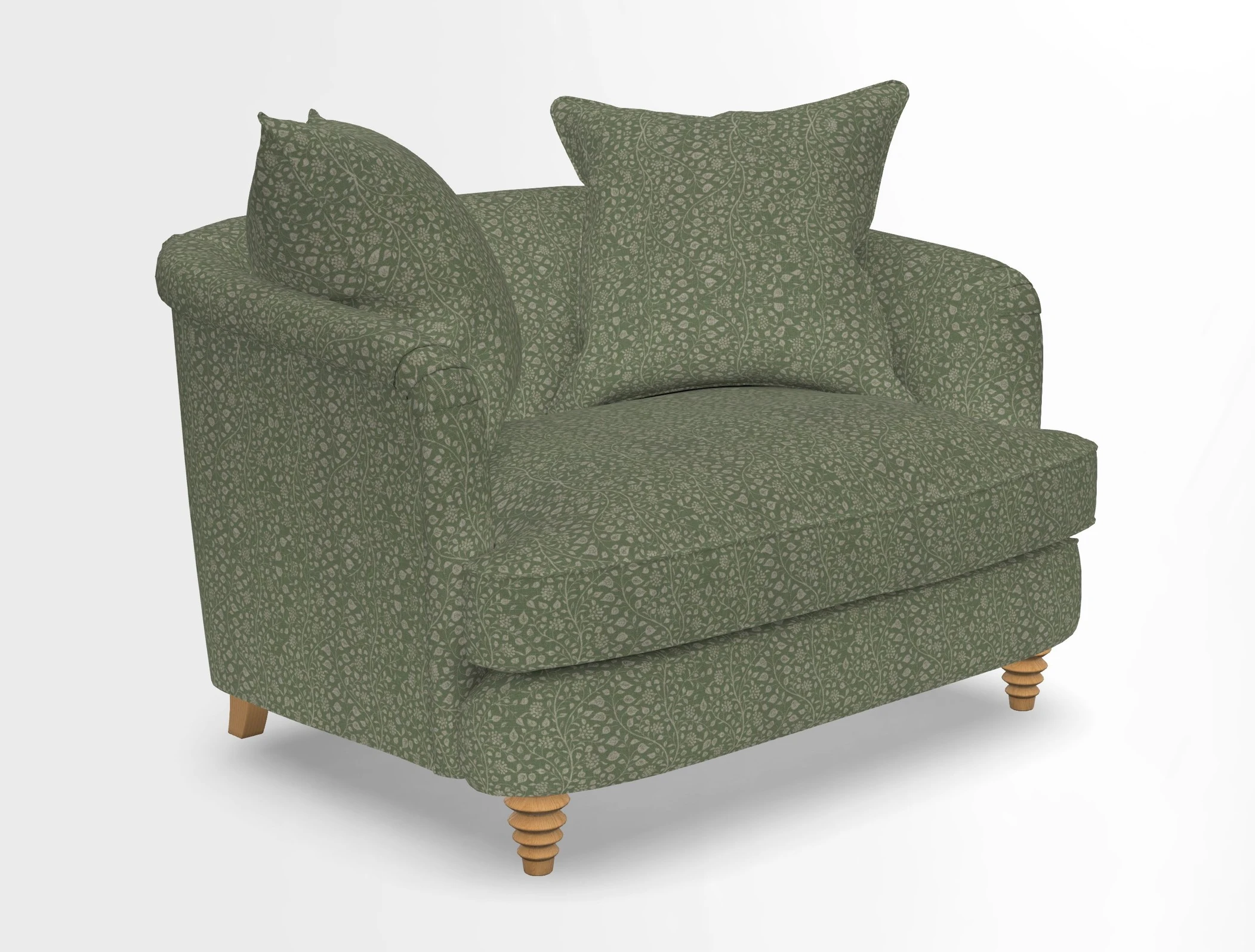 Helmsley Snuggler in V&A Threads of India Opulent Velvets Forest Creatures Hunter piping in Swiss Velvet Olive and scatter in Stockport Stripe Flame
