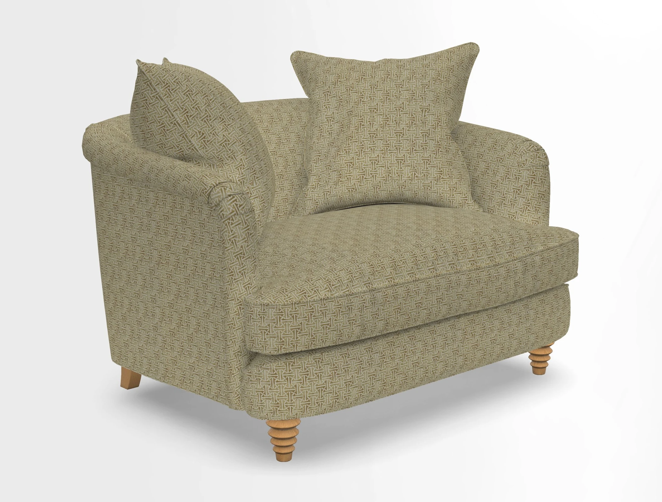 Helmsley Snuggler in V&A Threads of India Opulent Velvets Forest Creatures Hunter piping in Swiss Velvet Olive and scatter in Stockport Stripe Flame