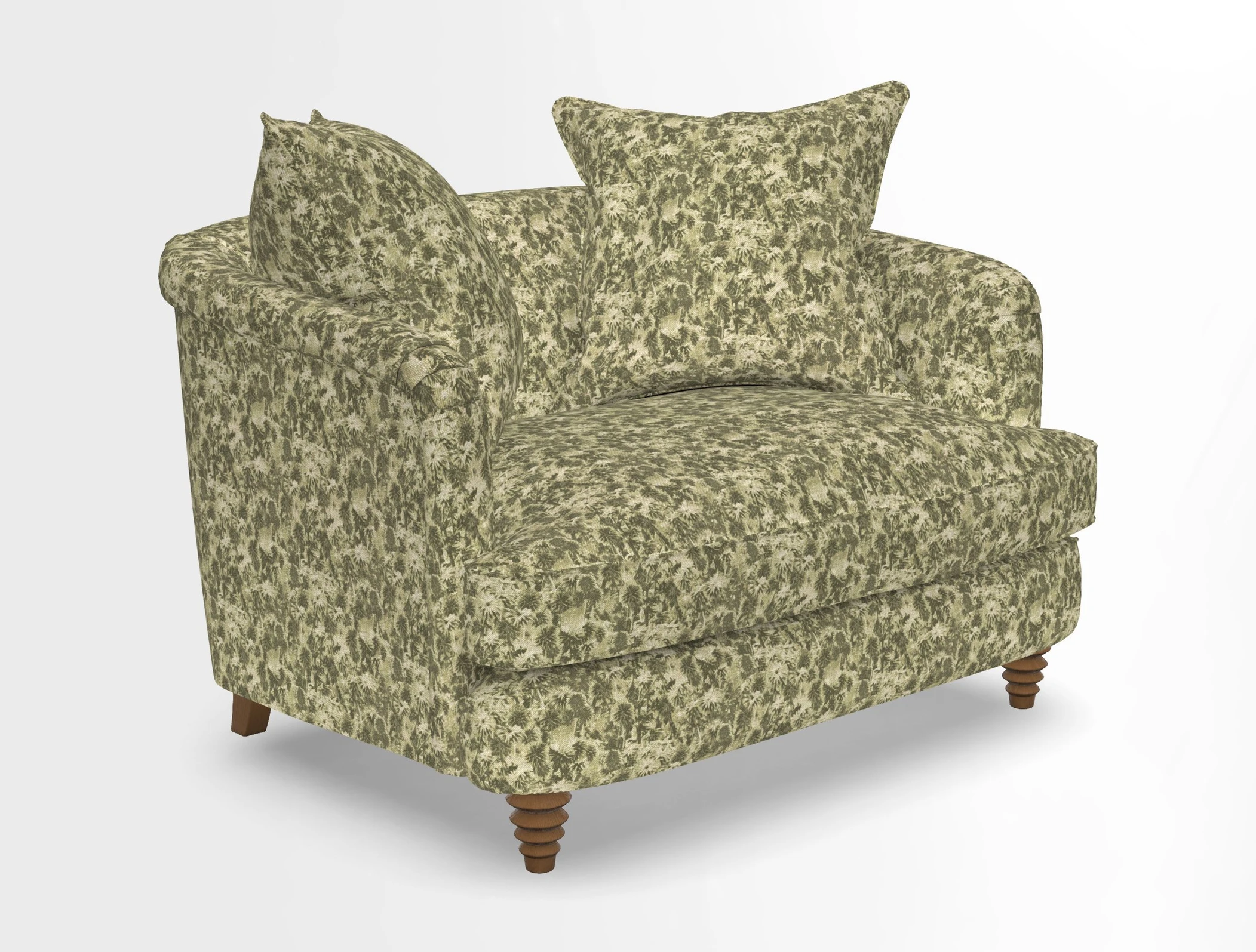 Helmsley Snuggler in V&A Threads of India Opulent Velvets Forest Creatures Hunter piping in Swiss Velvet Olive and scatter in Stockport Stripe Flame