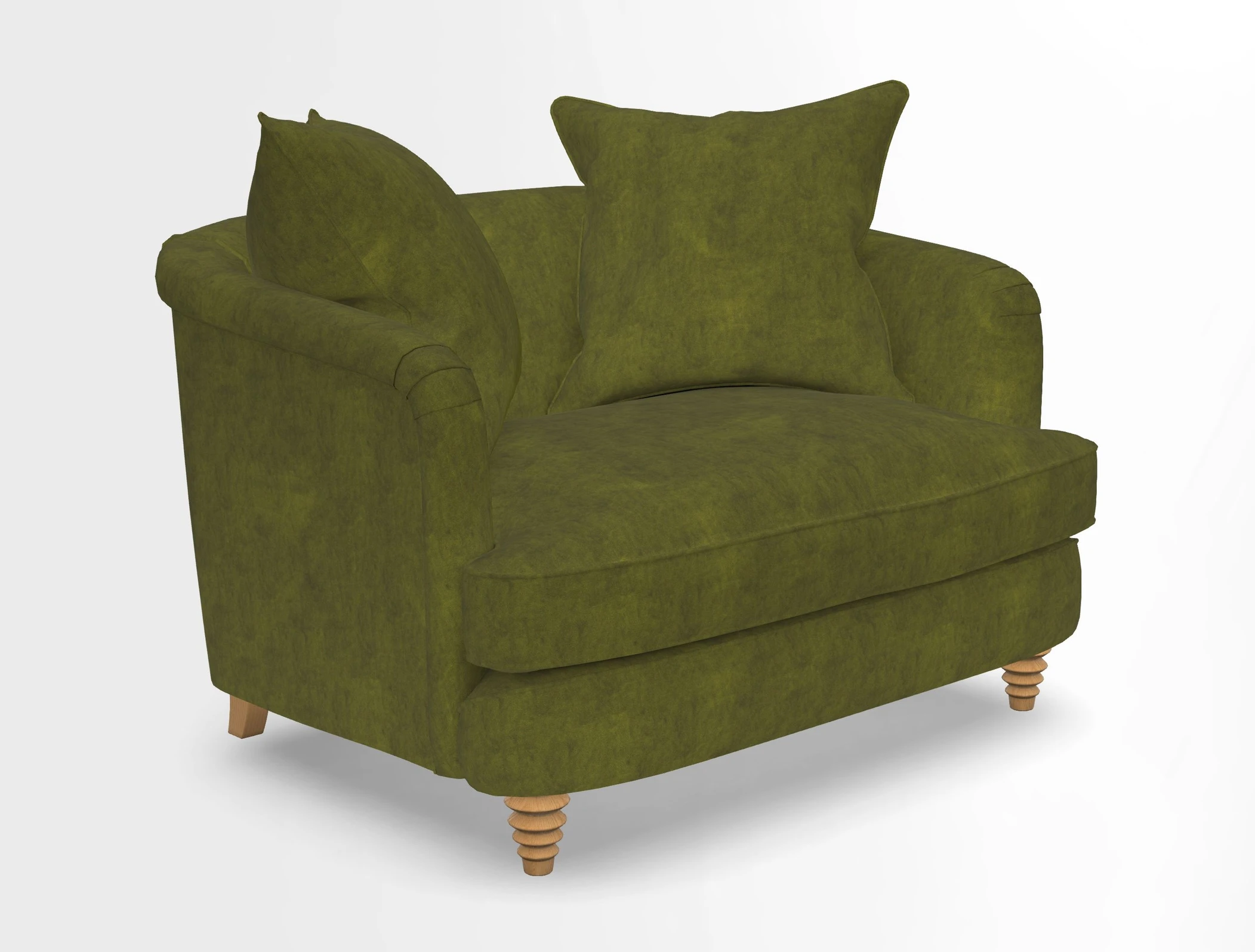 Helmsley Snuggler in V&A Threads of India Opulent Velvets Forest Creatures Hunter piping in Swiss Velvet Olive and scatter in Stockport Stripe Flame