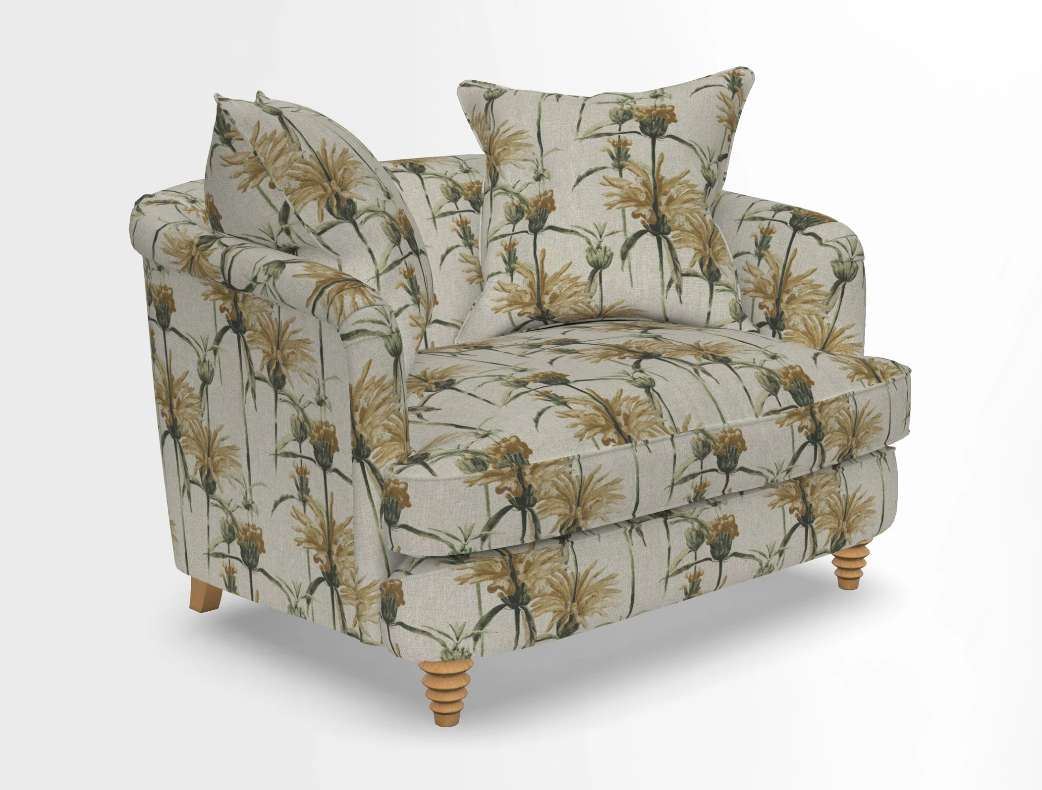 Helmsley Snuggler in V&A Threads of India Opulent Velvets Forest Creatures Hunter piping in Swiss Velvet Olive and scatter in Stockport Stripe Flame