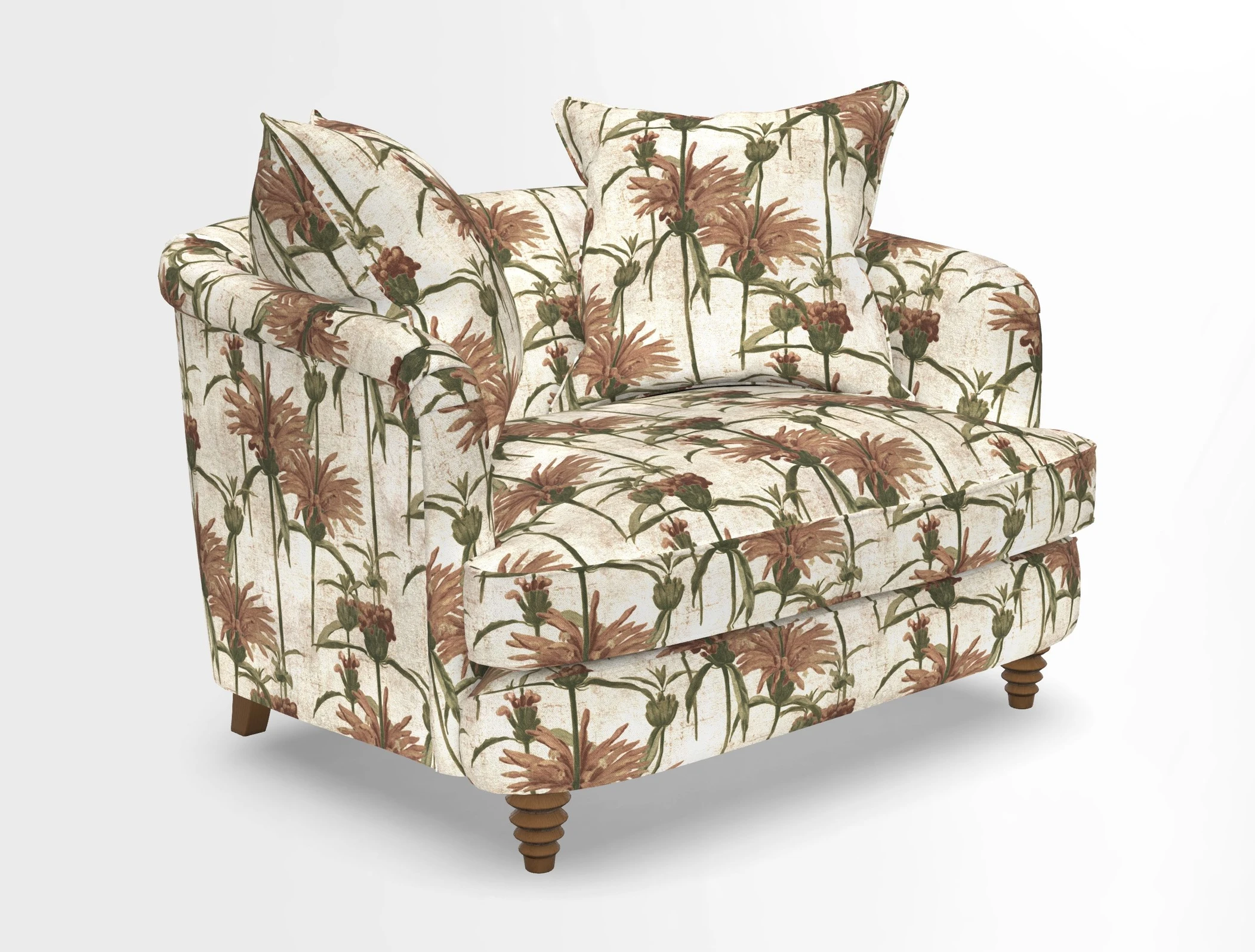 Helmsley Snuggler in V&A Threads of India Opulent Velvets Forest Creatures Hunter piping in Swiss Velvet Olive and scatter in Stockport Stripe Flame