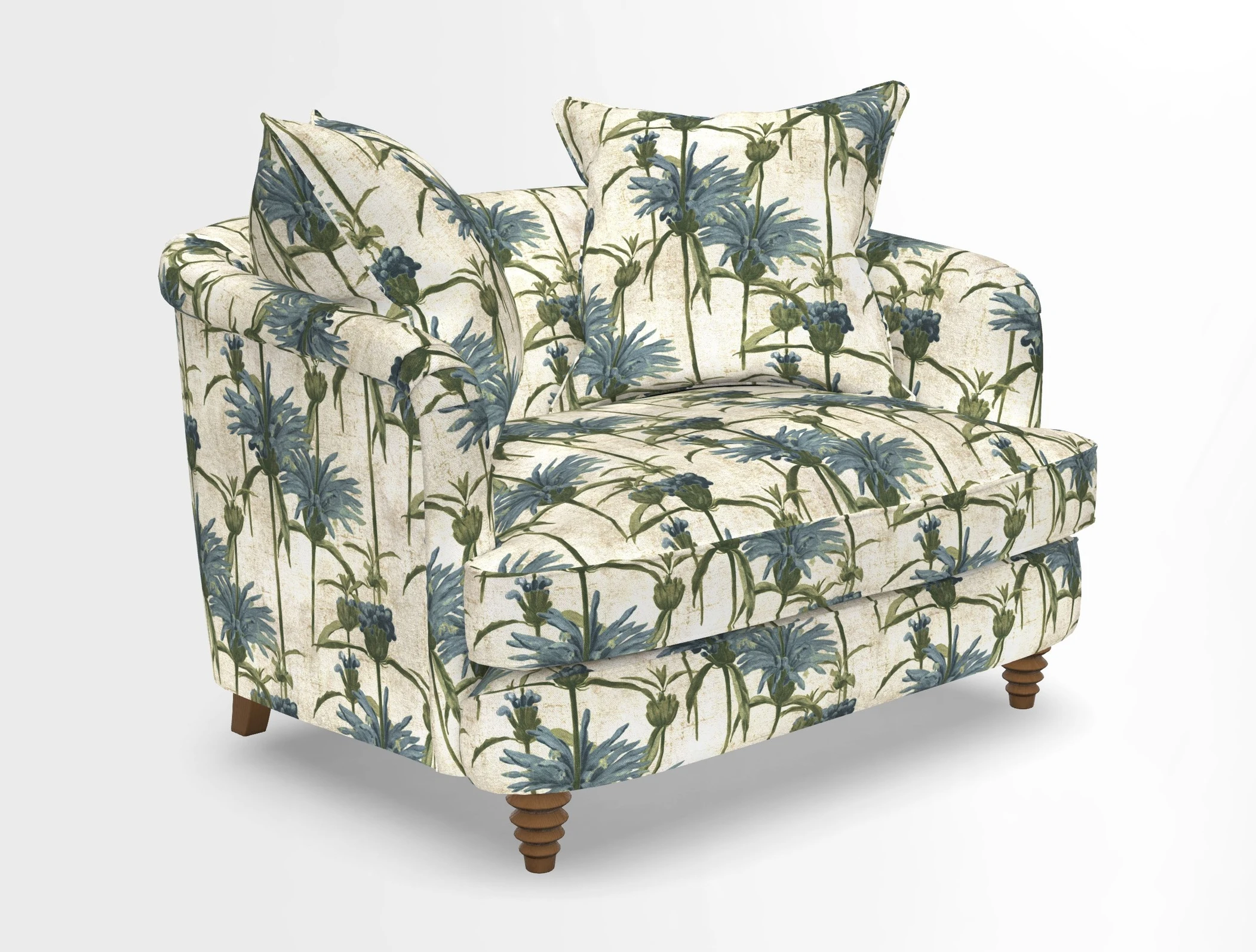 Helmsley Snuggler in V&A Threads of India Opulent Velvets Forest Creatures Hunter piping in Swiss Velvet Olive and scatter in Stockport Stripe Flame