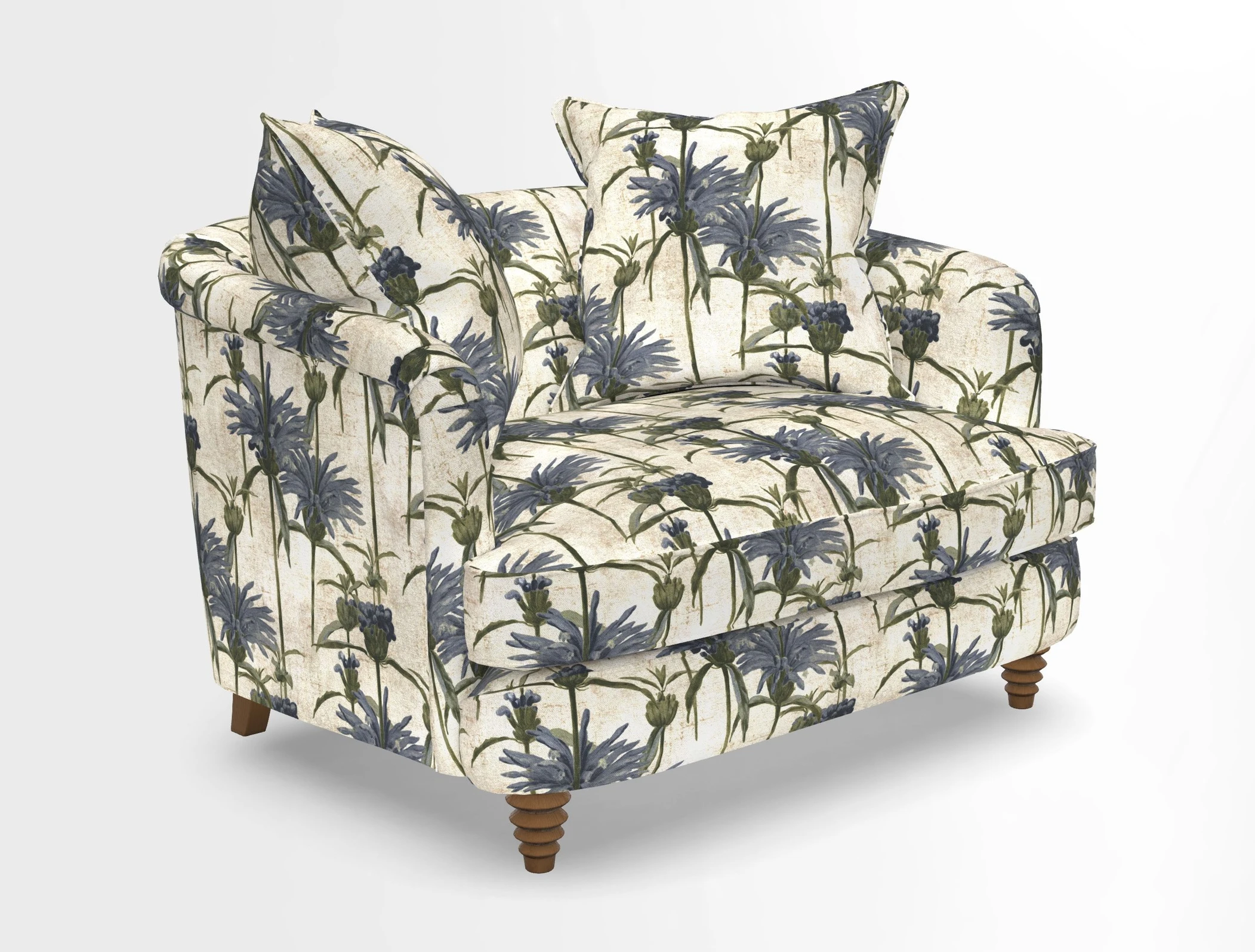 Helmsley Snuggler in V&A Threads of India Opulent Velvets Forest Creatures Hunter piping in Swiss Velvet Olive and scatter in Stockport Stripe Flame
