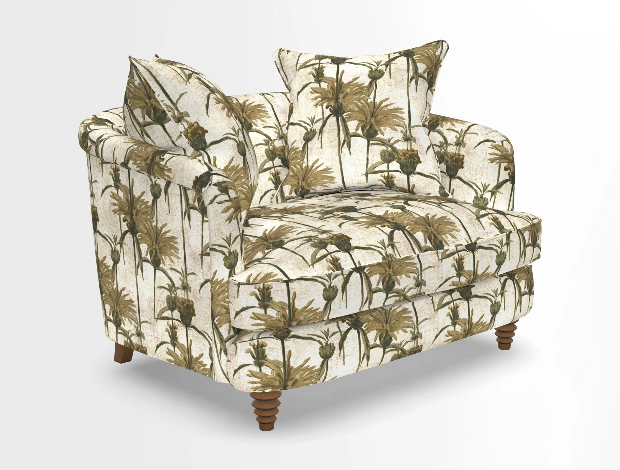 Helmsley Snuggler in V&A Threads of India Opulent Velvets Forest Creatures Hunter piping in Swiss Velvet Olive and scatter in Stockport Stripe Flame