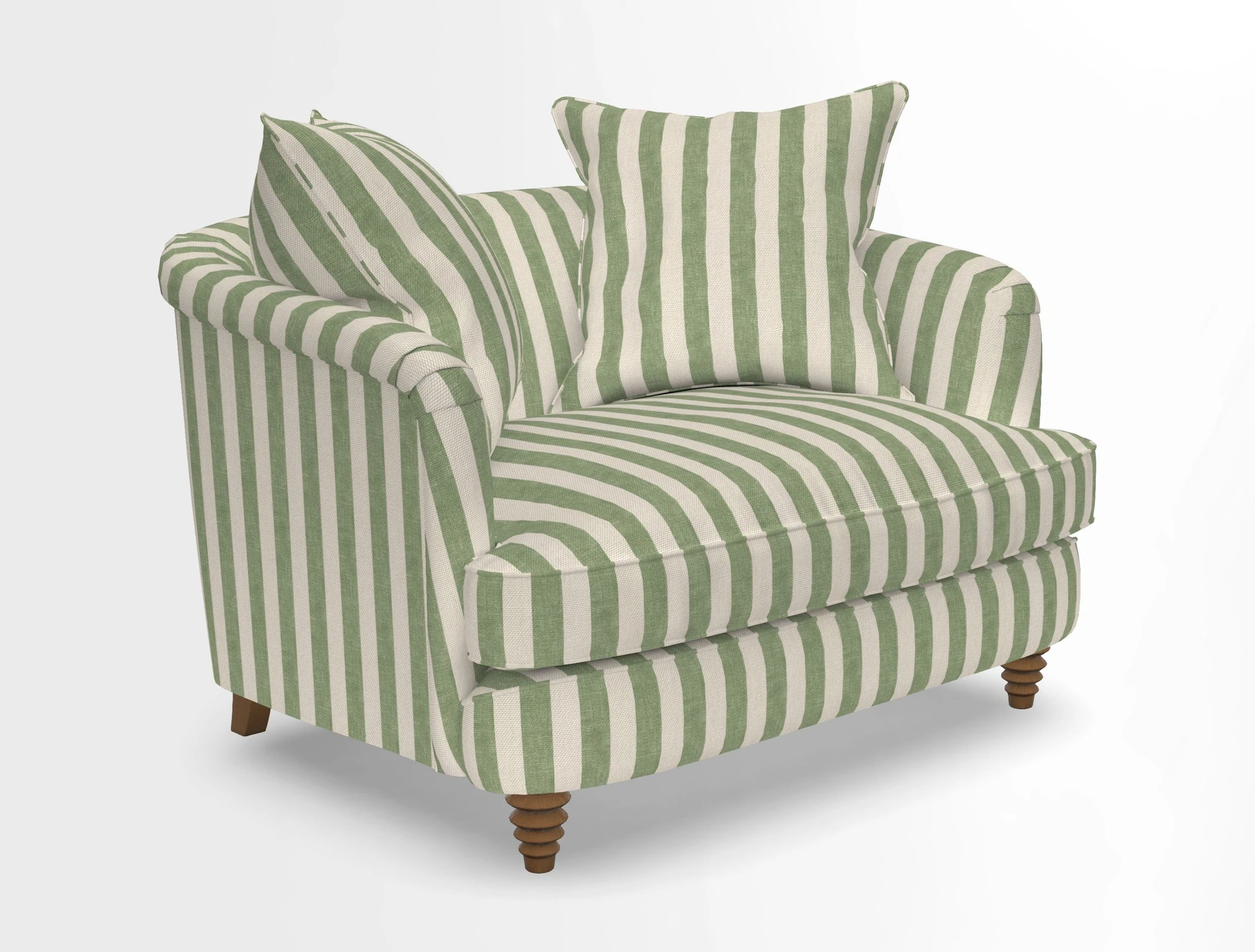 Helmsley Snuggler in V&A Threads of India Opulent Velvets Forest Creatures Hunter piping in Swiss Velvet Olive and scatter in Stockport Stripe Flame