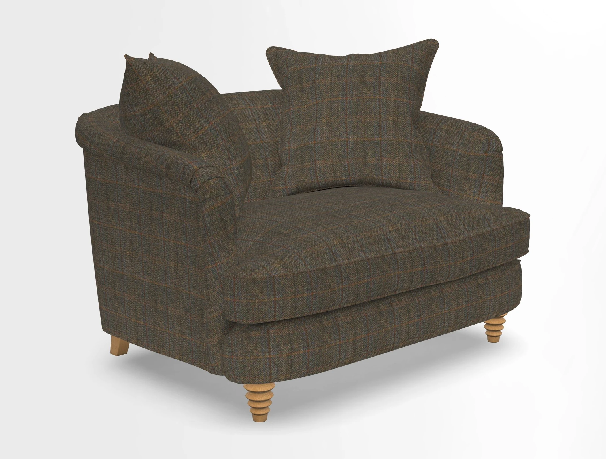 Helmsley Snuggler in V&A Threads of India Opulent Velvets Forest Creatures Hunter piping in Swiss Velvet Olive and scatter in Stockport Stripe Flame