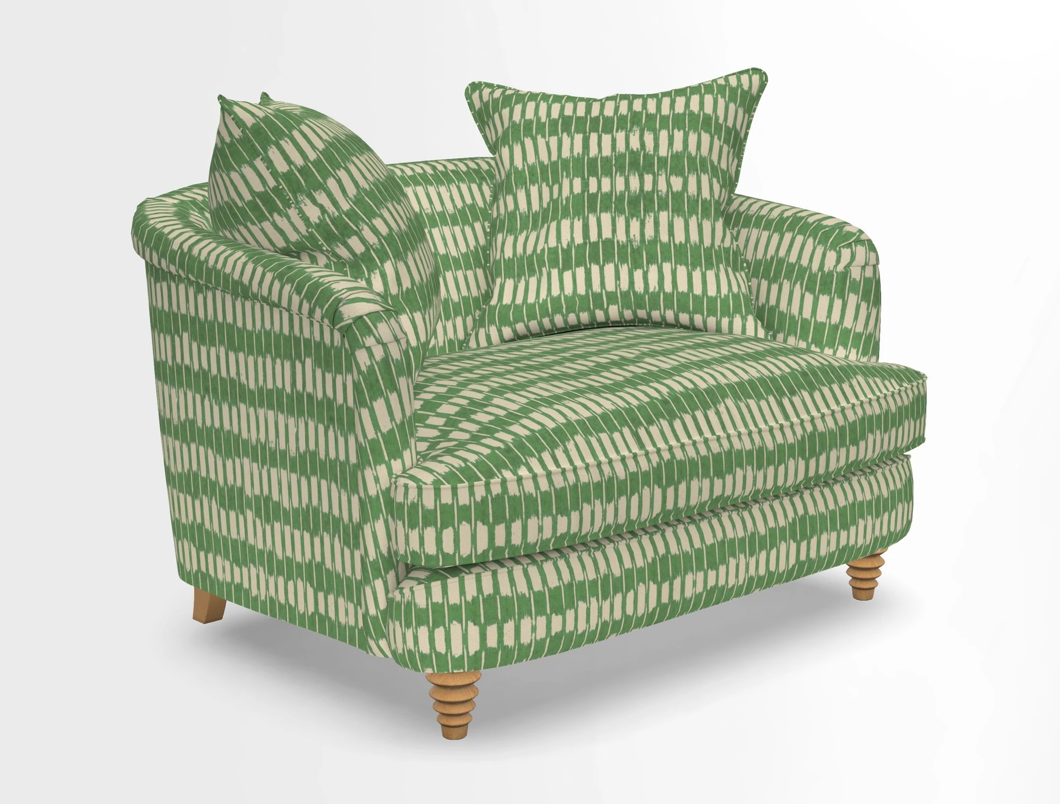 Helmsley Snuggler in V&A Threads of India Opulent Velvets Forest Creatures Hunter piping in Swiss Velvet Olive and scatter in Stockport Stripe Flame