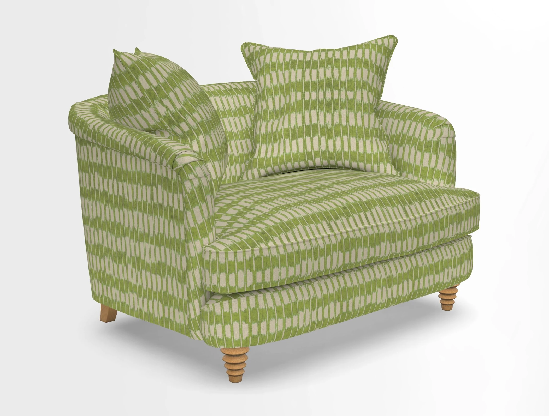 Helmsley Snuggler in V&A Threads of India Opulent Velvets Forest Creatures Hunter piping in Swiss Velvet Olive and scatter in Stockport Stripe Flame