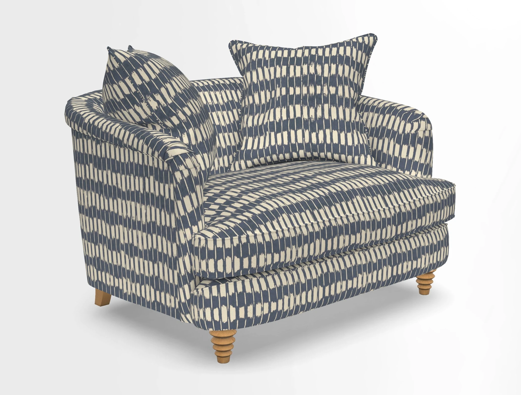 Helmsley Snuggler in V&A Threads of India Opulent Velvets Forest Creatures Hunter piping in Swiss Velvet Olive and scatter in Stockport Stripe Flame