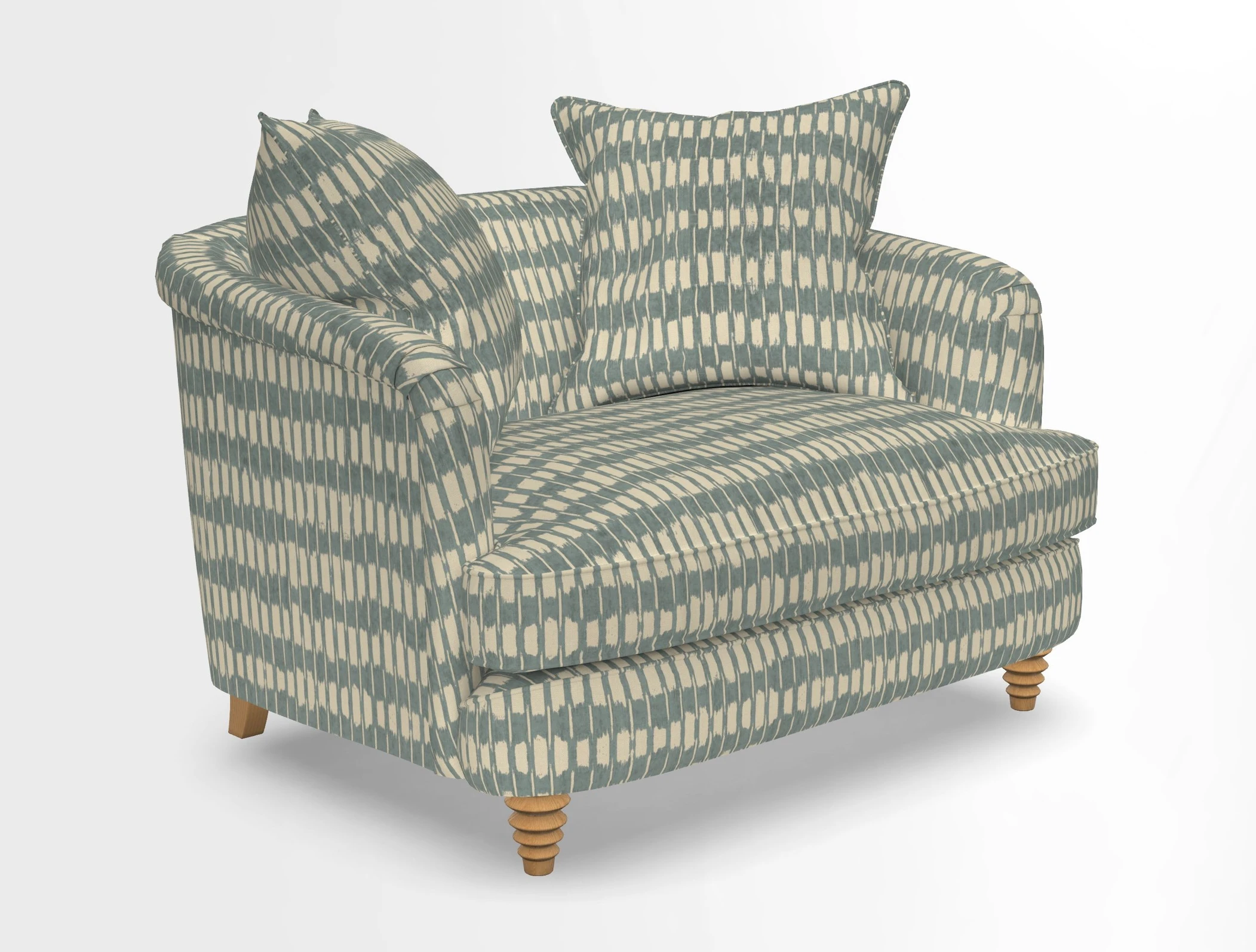 Helmsley Snuggler in V&A Threads of India Opulent Velvets Forest Creatures Hunter piping in Swiss Velvet Olive and scatter in Stockport Stripe Flame