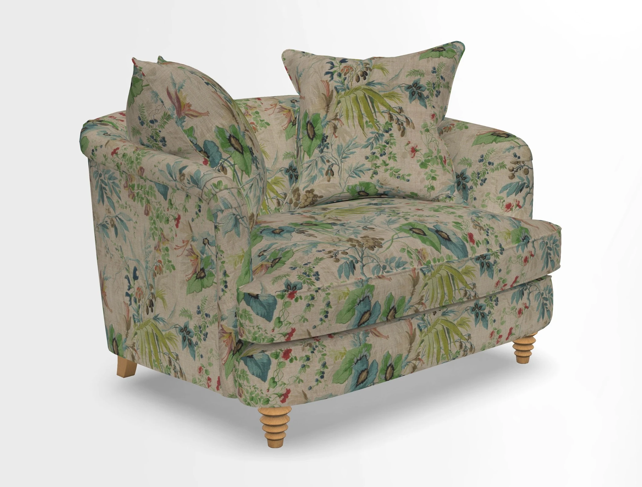 Helmsley Snuggler in V&A Threads of India Opulent Velvets Forest Creatures Hunter piping in Swiss Velvet Olive and scatter in Stockport Stripe Flame
