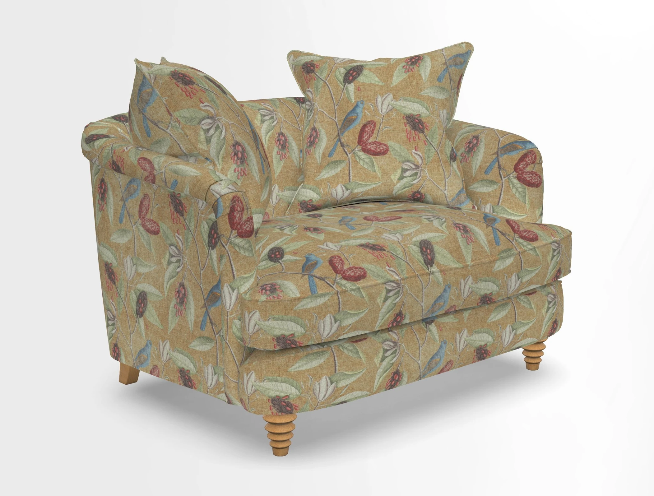 Helmsley Snuggler in V&A Threads of India Opulent Velvets Forest Creatures Hunter piping in Swiss Velvet Olive and scatter in Stockport Stripe Flame