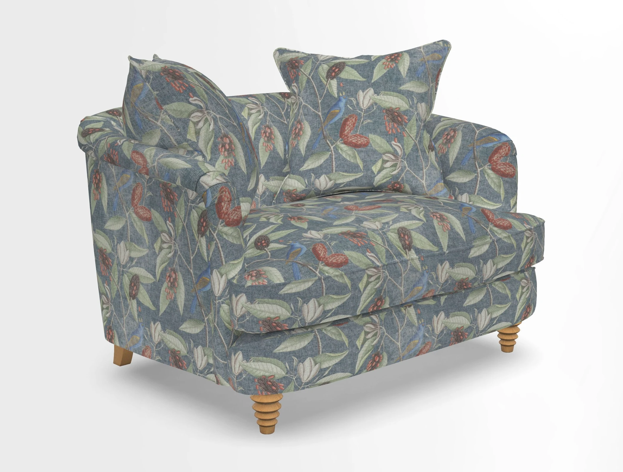 Helmsley Snuggler in V&A Threads of India Opulent Velvets Forest Creatures Hunter piping in Swiss Velvet Olive and scatter in Stockport Stripe Flame