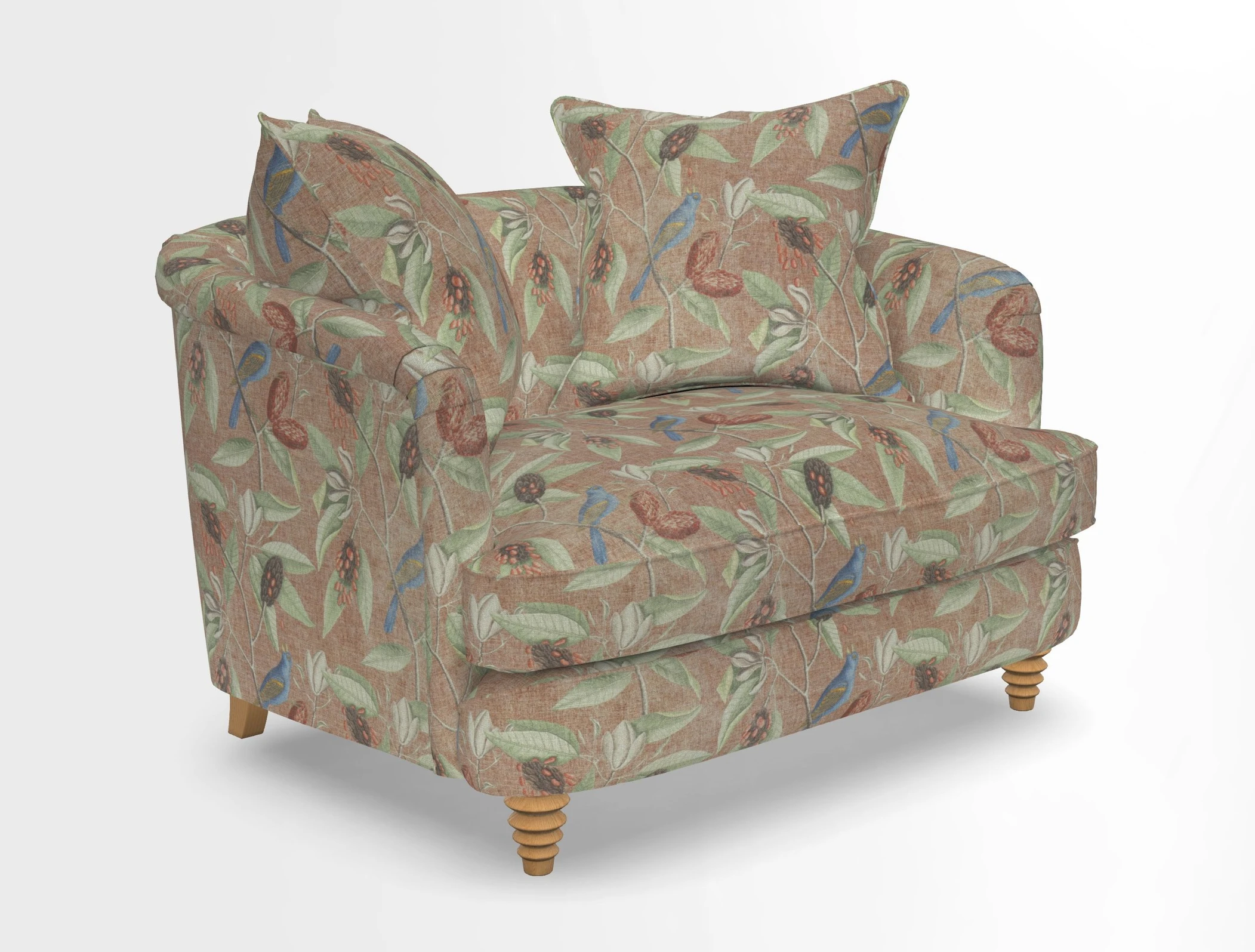 Helmsley Snuggler in V&A Threads of India Opulent Velvets Forest Creatures Hunter piping in Swiss Velvet Olive and scatter in Stockport Stripe Flame