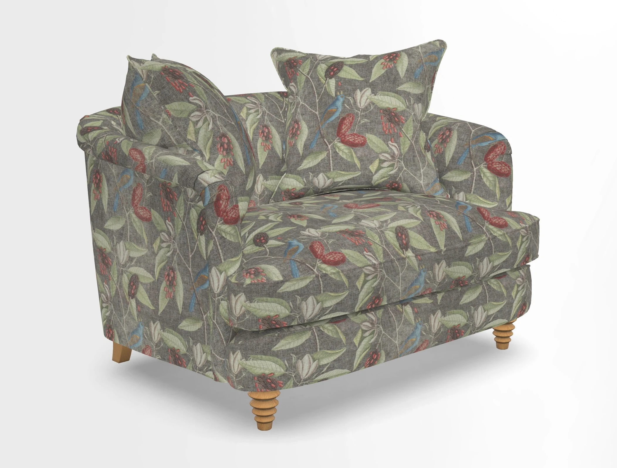 Helmsley Snuggler in V&A Threads of India Opulent Velvets Forest Creatures Hunter piping in Swiss Velvet Olive and scatter in Stockport Stripe Flame