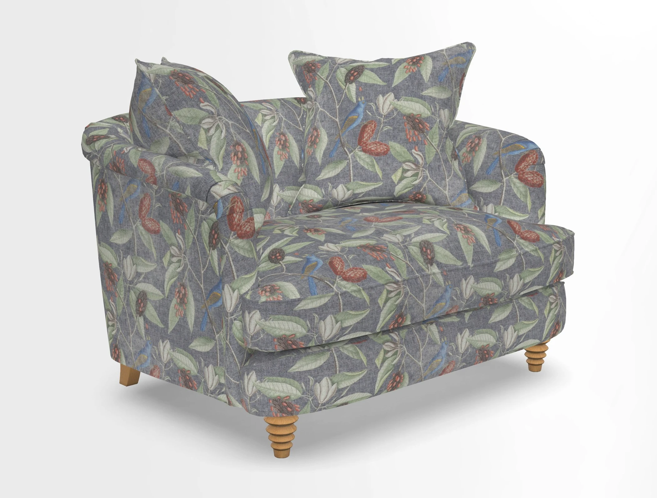 Helmsley Snuggler in V&A Threads of India Opulent Velvets Forest Creatures Hunter piping in Swiss Velvet Olive and scatter in Stockport Stripe Flame