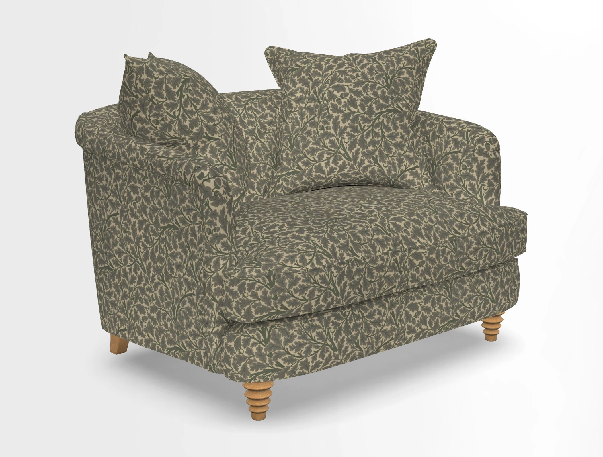 Helmsley Snuggler in V&A Threads of India Opulent Velvets Forest Creatures Hunter piping in Swiss Velvet Olive and scatter in Stockport Stripe Flame