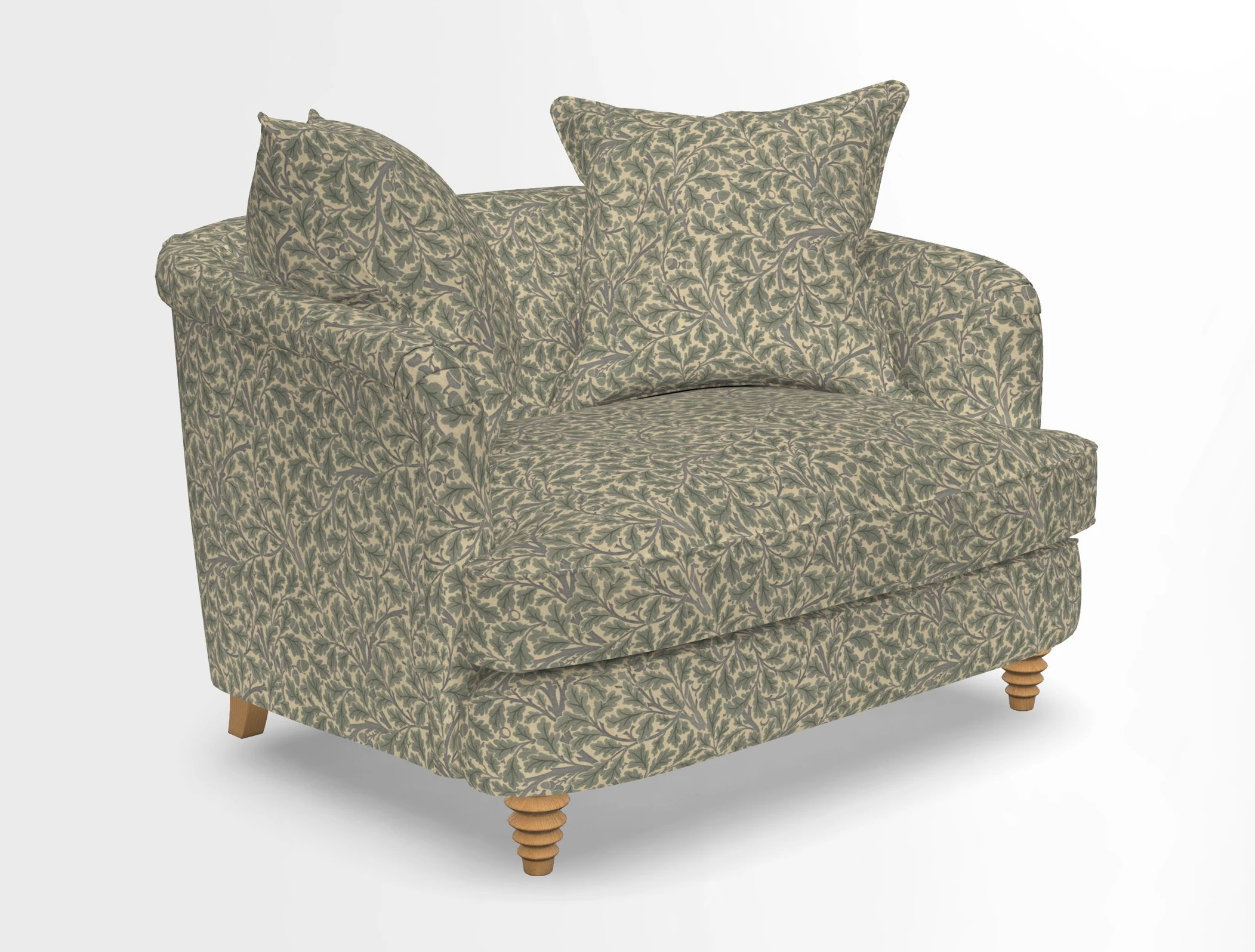 Helmsley Snuggler in V&A Threads of India Opulent Velvets Forest Creatures Hunter piping in Swiss Velvet Olive and scatter in Stockport Stripe Flame