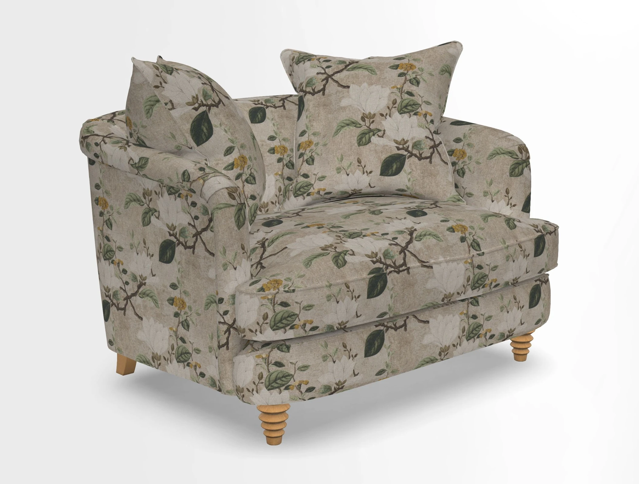 Helmsley Snuggler in V&A Threads of India Opulent Velvets Forest Creatures Hunter piping in Swiss Velvet Olive and scatter in Stockport Stripe Flame