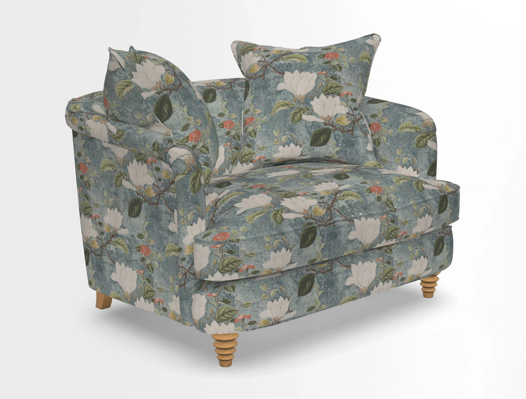 Helmsley Snuggler in V&A Threads of India Opulent Velvets Forest Creatures Hunter piping in Swiss Velvet Olive and scatter in Stockport Stripe Flame