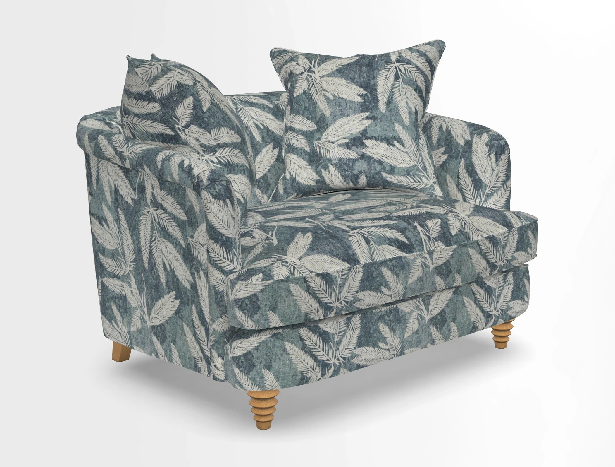 Helmsley Snuggler in V&A Threads of India Opulent Velvets Forest Creatures Hunter piping in Swiss Velvet Olive and scatter in Stockport Stripe Flame