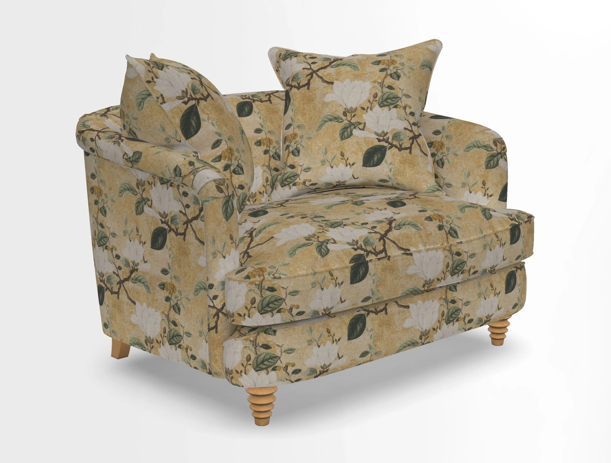 Helmsley Snuggler in V&A Threads of India Opulent Velvets Forest Creatures Hunter piping in Swiss Velvet Olive and scatter in Stockport Stripe Flame