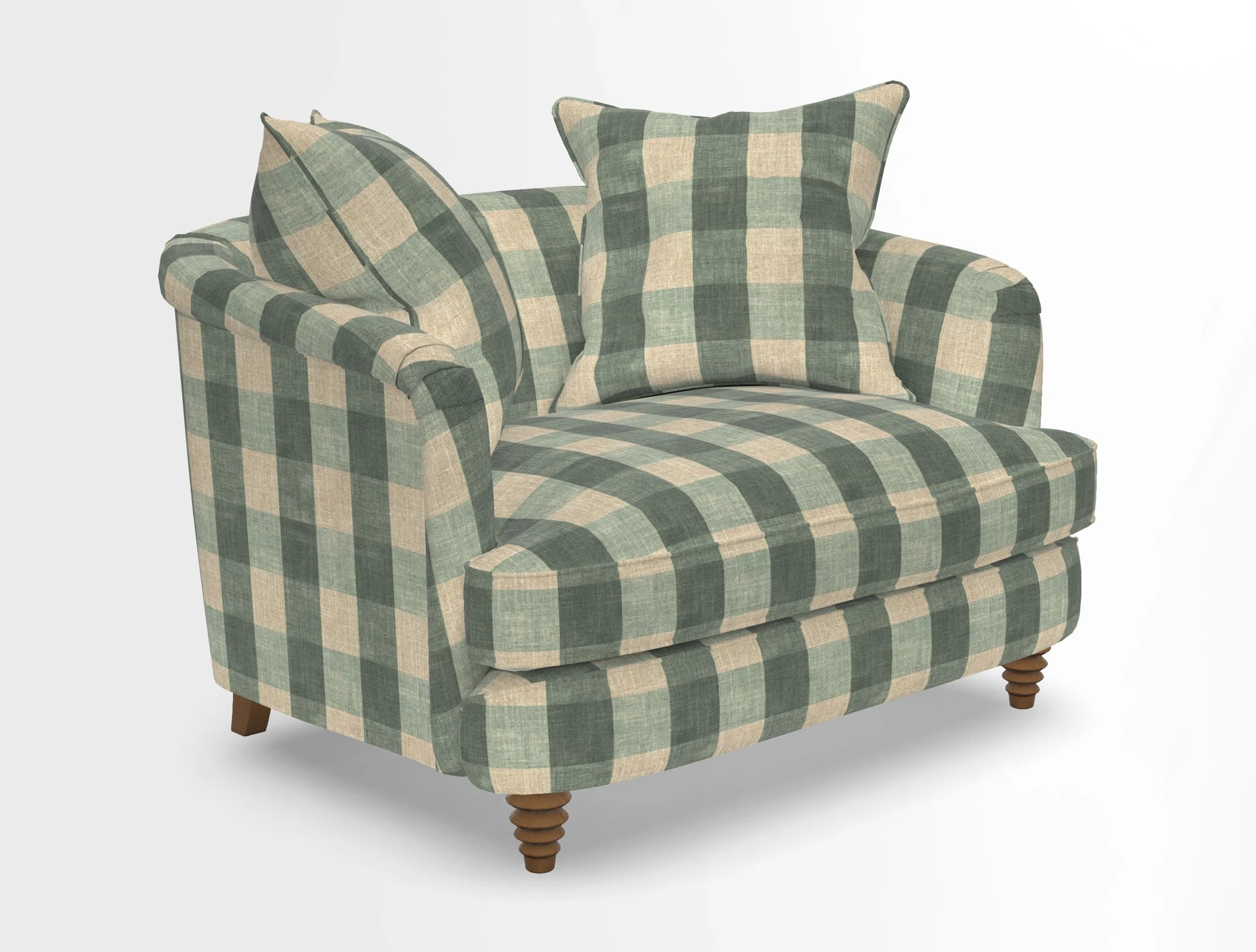 Helmsley Snuggler in V&A Threads of India Opulent Velvets Forest Creatures Hunter piping in Swiss Velvet Olive and scatter in Stockport Stripe Flame
