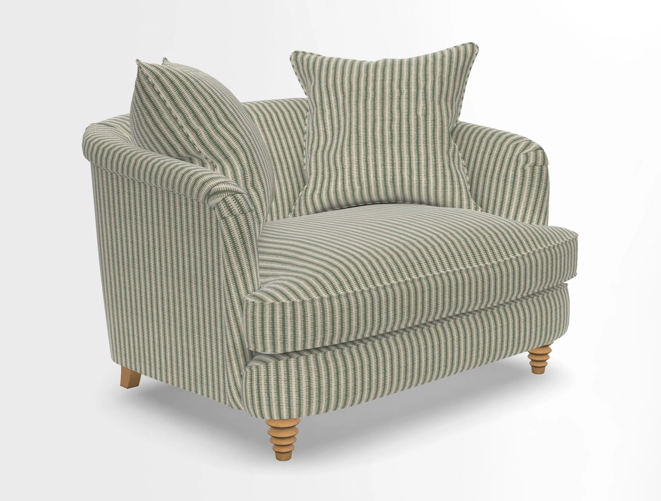 Helmsley Snuggler in V&A Threads of India Opulent Velvets Forest Creatures Hunter piping in Swiss Velvet Olive and scatter in Stockport Stripe Flame