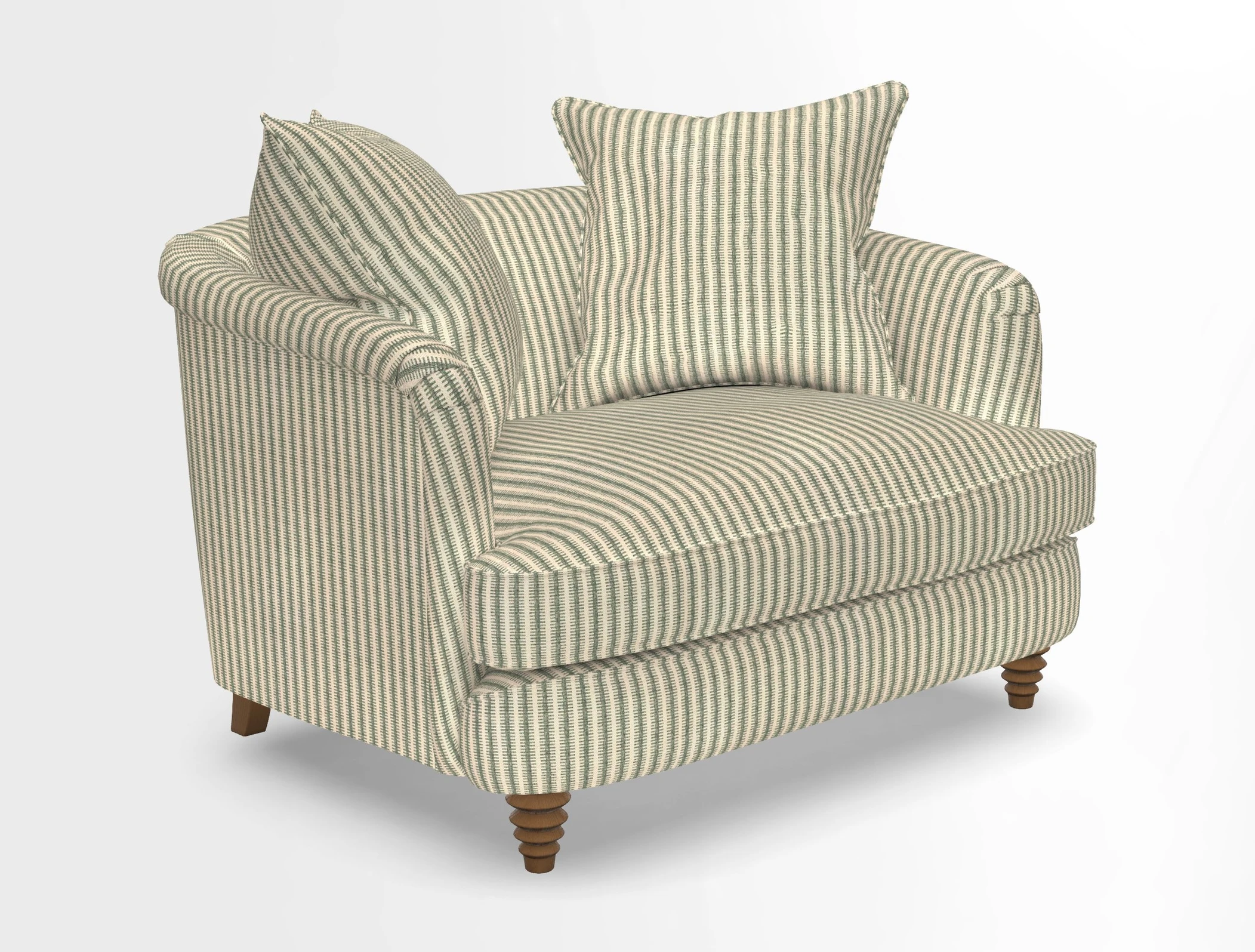 Helmsley Snuggler in V&A Threads of India Opulent Velvets Forest Creatures Hunter piping in Swiss Velvet Olive and scatter in Stockport Stripe Flame