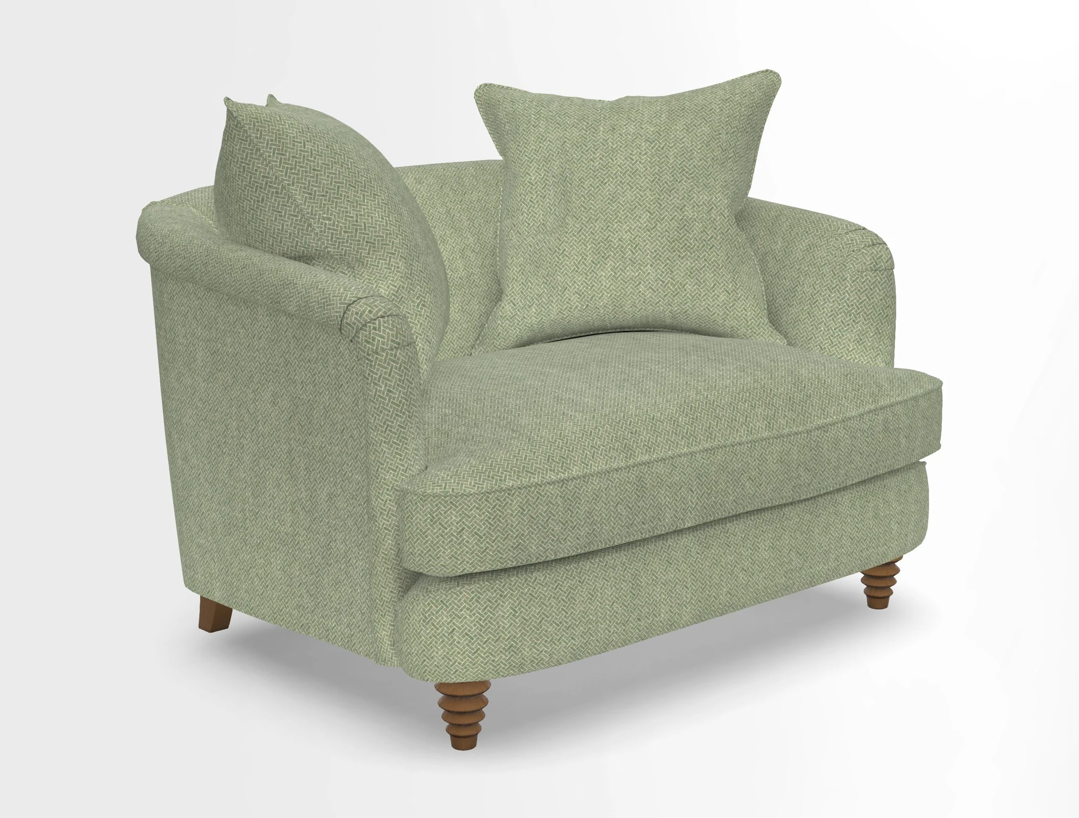 Helmsley Snuggler in V&A Threads of India Opulent Velvets Forest Creatures Hunter piping in Swiss Velvet Olive and scatter in Stockport Stripe Flame
