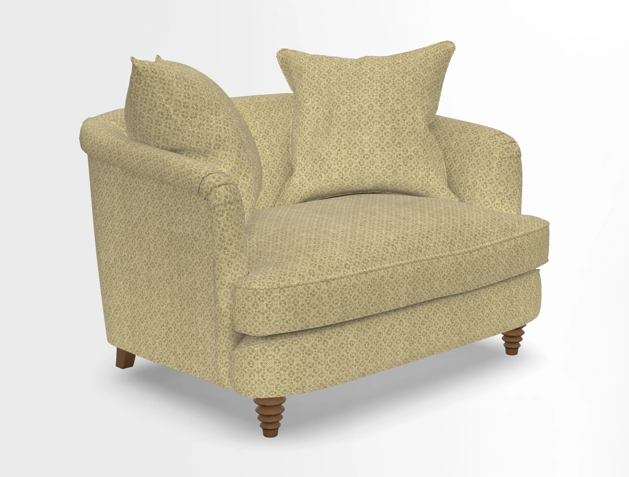 Helmsley Snuggler in V&A Threads of India Opulent Velvets Forest Creatures Hunter piping in Swiss Velvet Olive and scatter in Stockport Stripe Flame