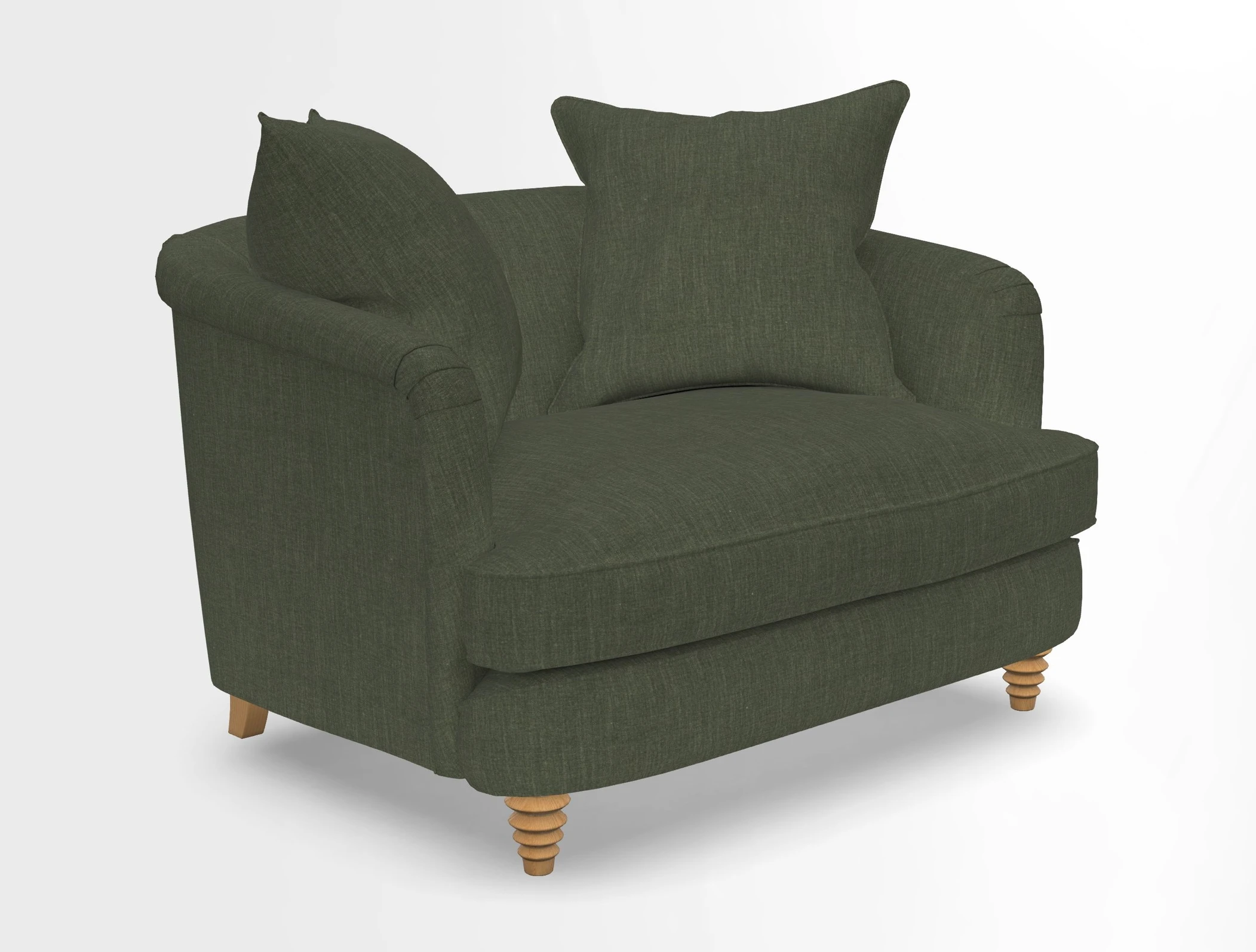 Helmsley Snuggler in V&A Threads of India Opulent Velvets Forest Creatures Hunter piping in Swiss Velvet Olive and scatter in Stockport Stripe Flame