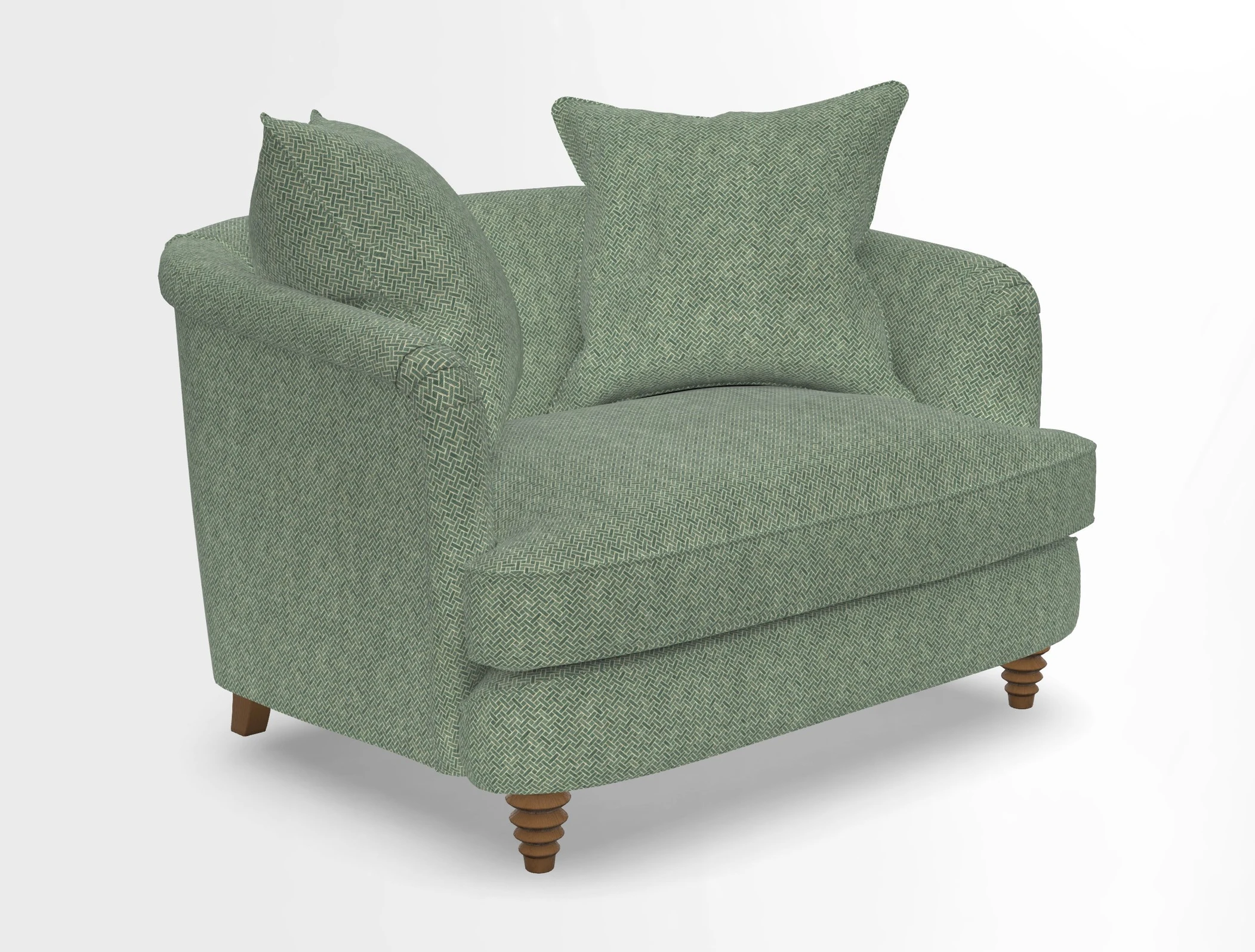 Helmsley Snuggler in V&A Threads of India Opulent Velvets Forest Creatures Hunter piping in Swiss Velvet Olive and scatter in Stockport Stripe Flame