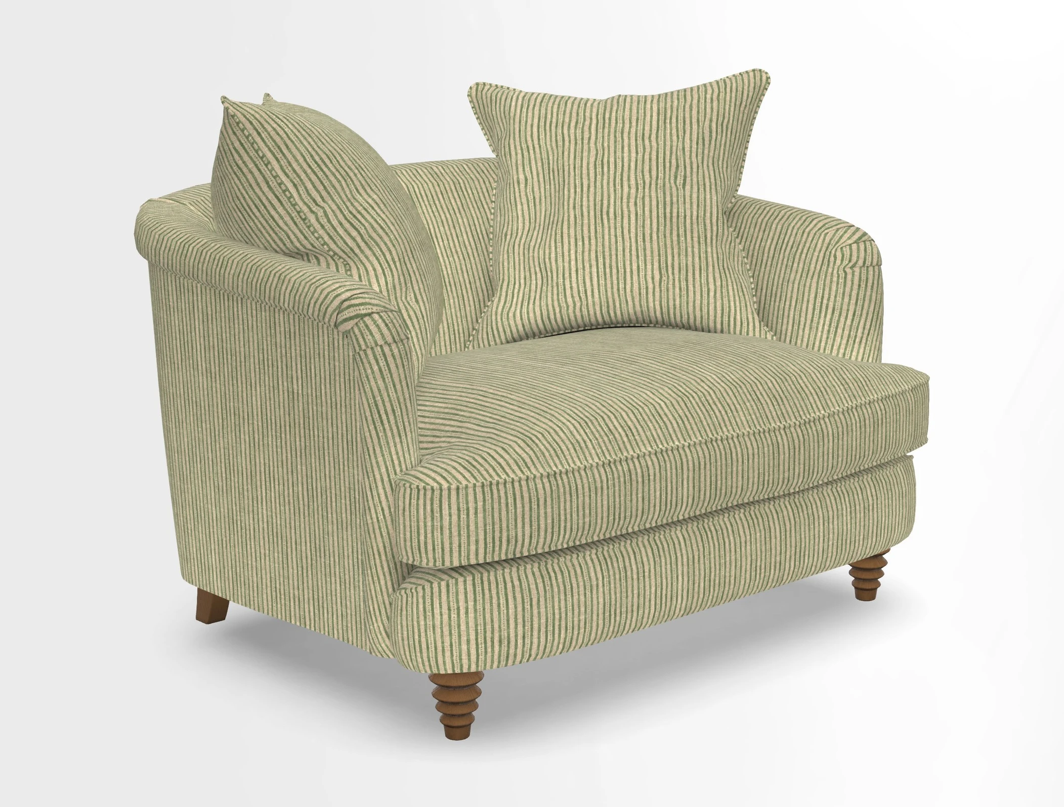 Helmsley Snuggler in V&A Threads of India Opulent Velvets Forest Creatures Hunter piping in Swiss Velvet Olive and scatter in Stockport Stripe Flame