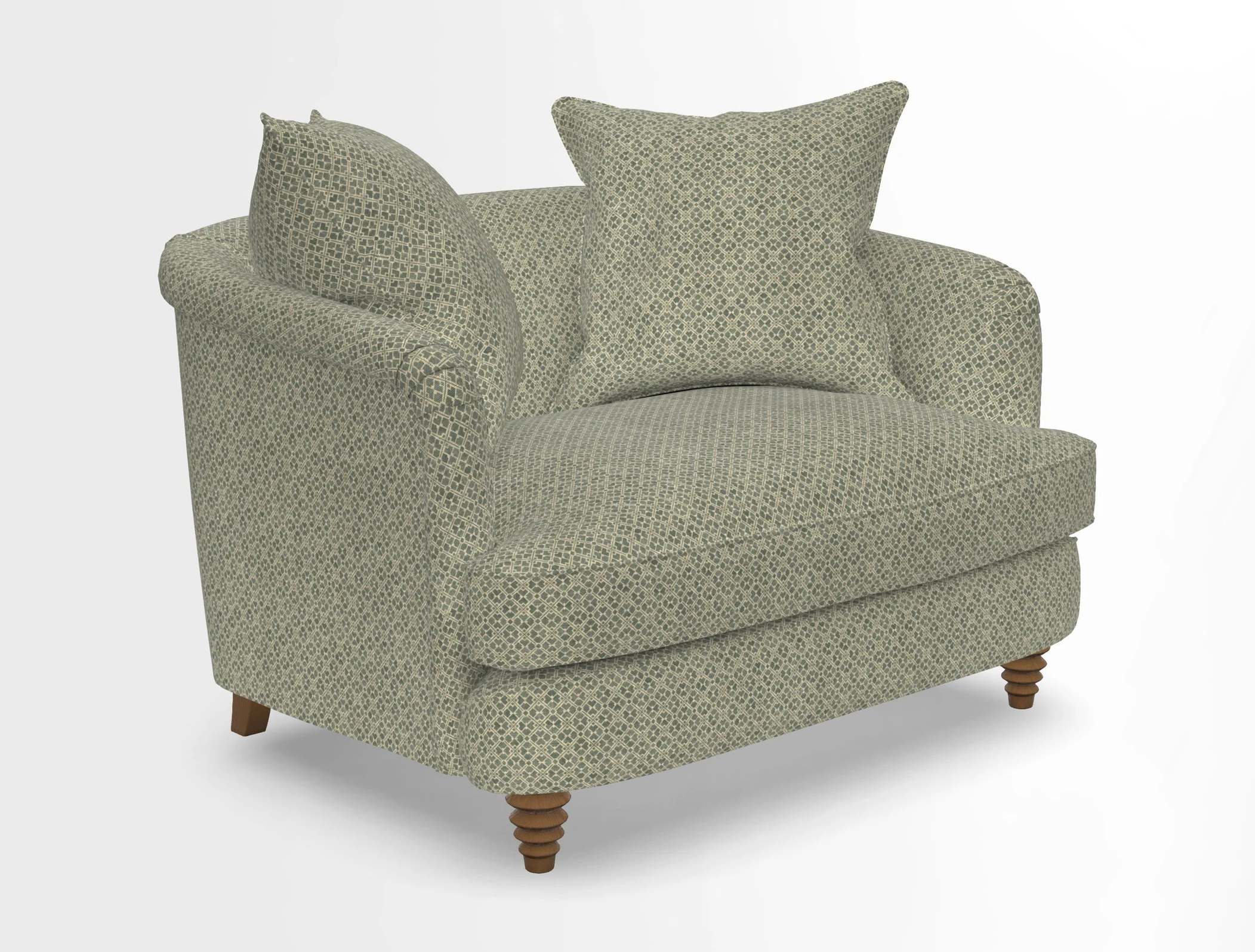 Helmsley Snuggler in V&A Threads of India Opulent Velvets Forest Creatures Hunter piping in Swiss Velvet Olive and scatter in Stockport Stripe Flame