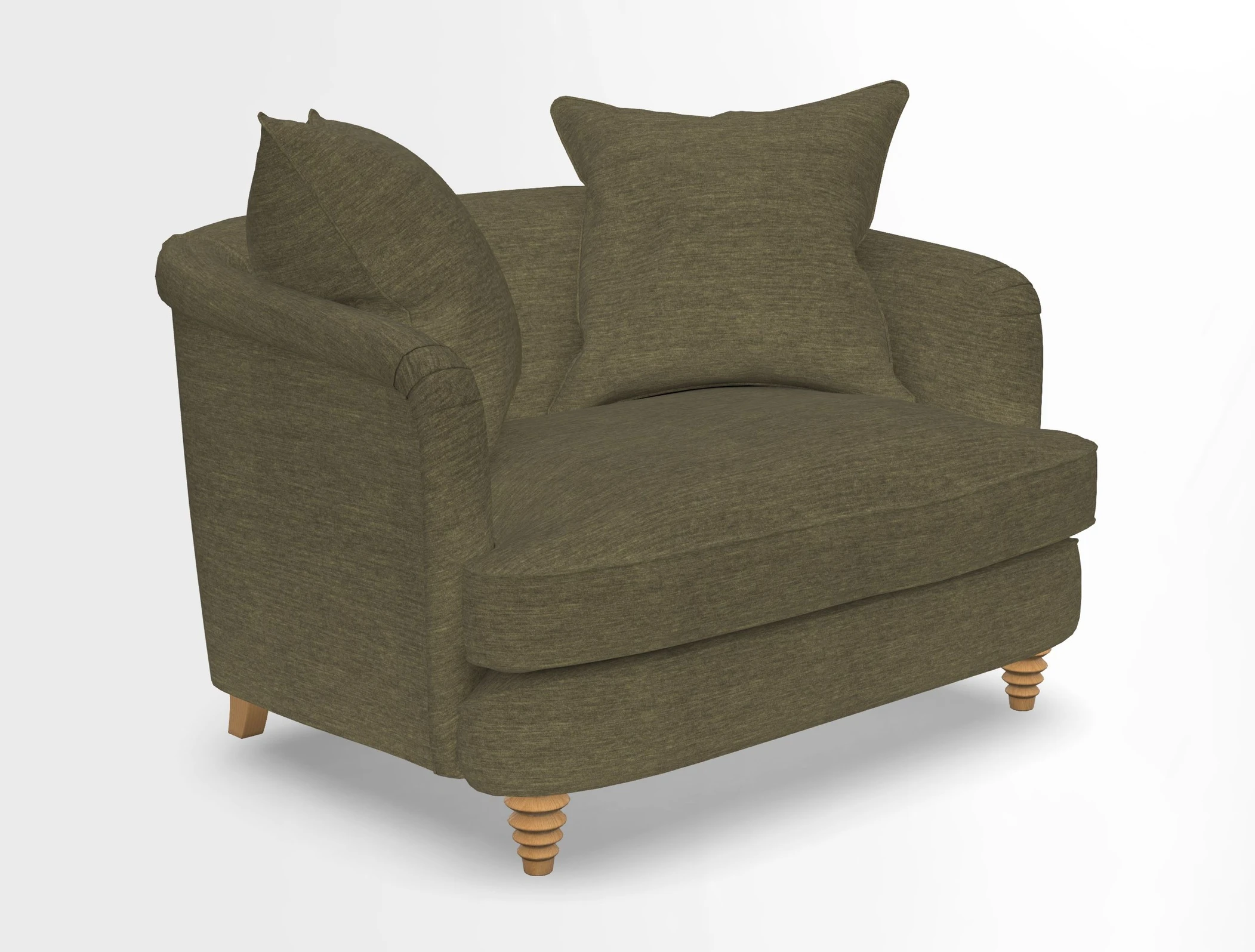 Helmsley Snuggler in V&A Threads of India Opulent Velvets Forest Creatures Hunter piping in Swiss Velvet Olive and scatter in Stockport Stripe Flame
