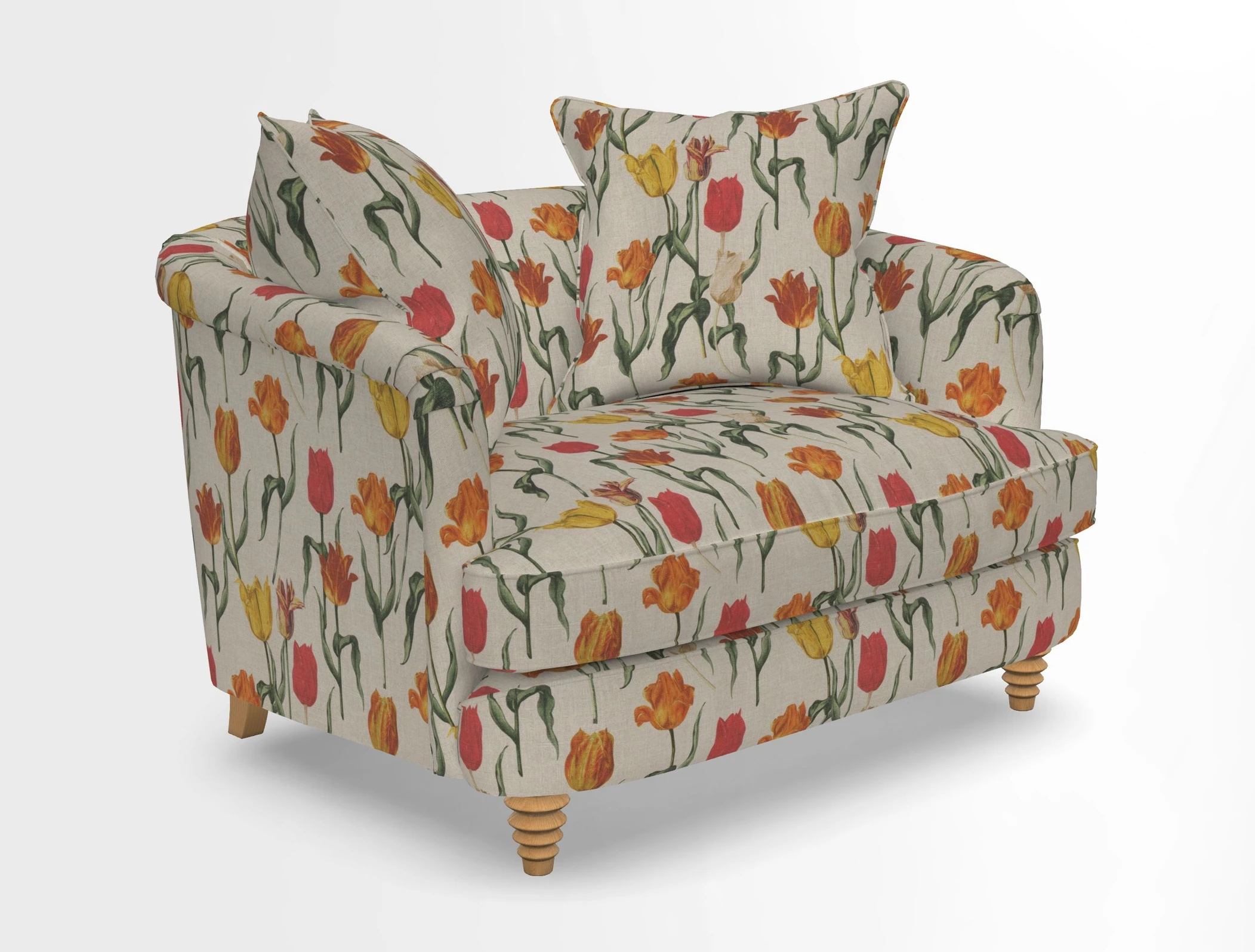 Helmsley Snuggler in V&A Threads of India Opulent Velvets Forest Creatures Hunter piping in Swiss Velvet Olive and scatter in Stockport Stripe Flame