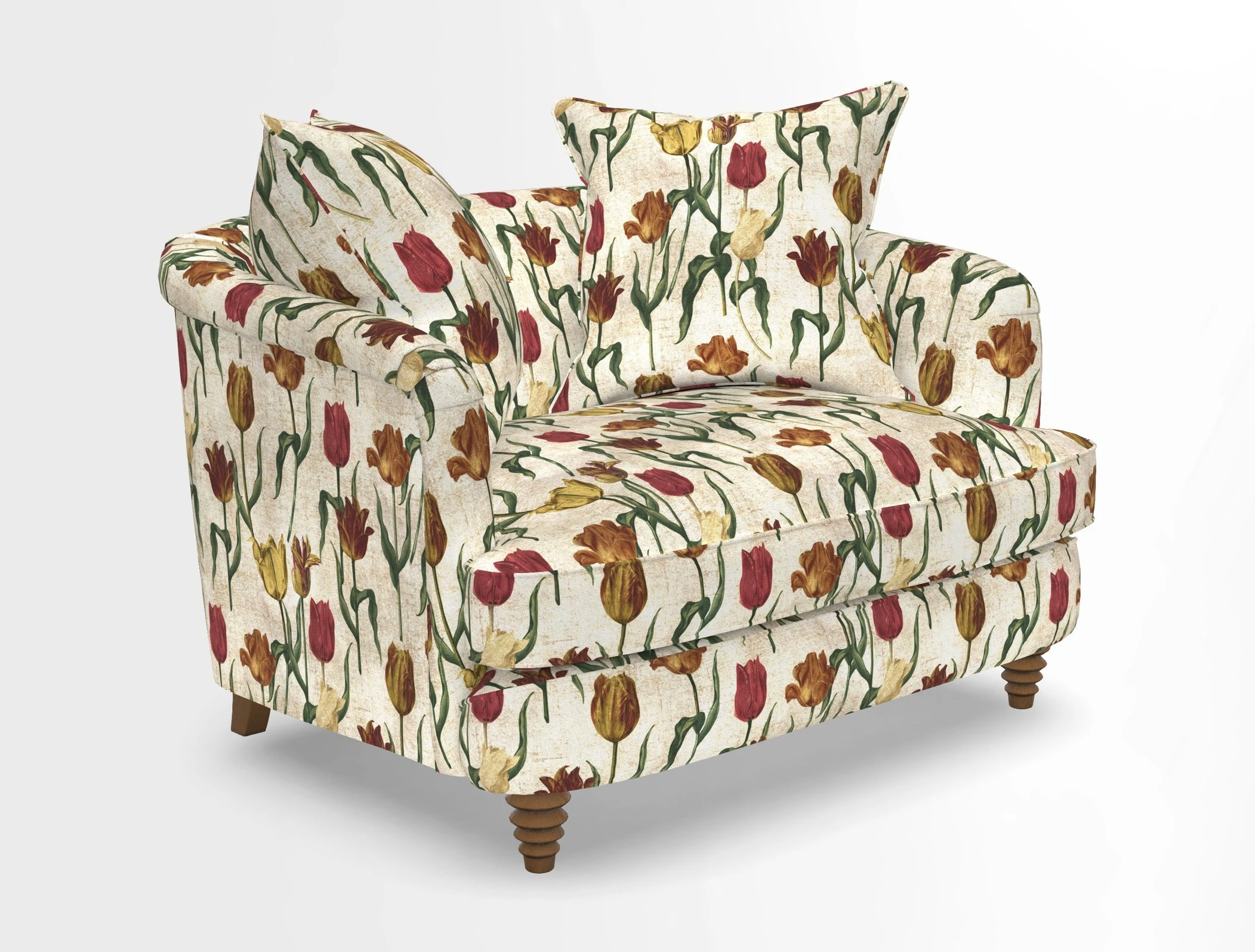 Helmsley Snuggler in V&A Threads of India Opulent Velvets Forest Creatures Hunter piping in Swiss Velvet Olive and scatter in Stockport Stripe Flame