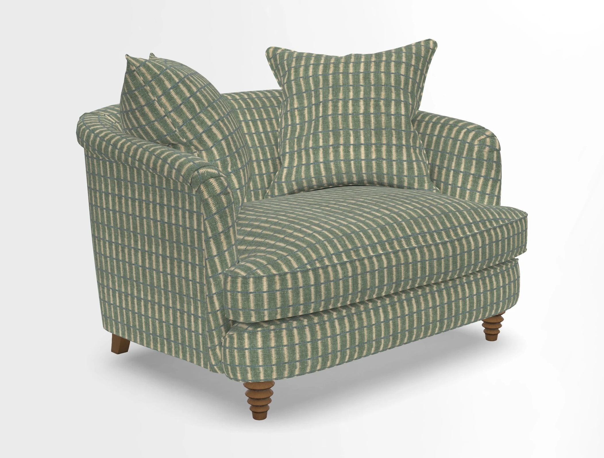 Helmsley Snuggler in V&A Threads of India Opulent Velvets Forest Creatures Hunter piping in Swiss Velvet Olive and scatter in Stockport Stripe Flame