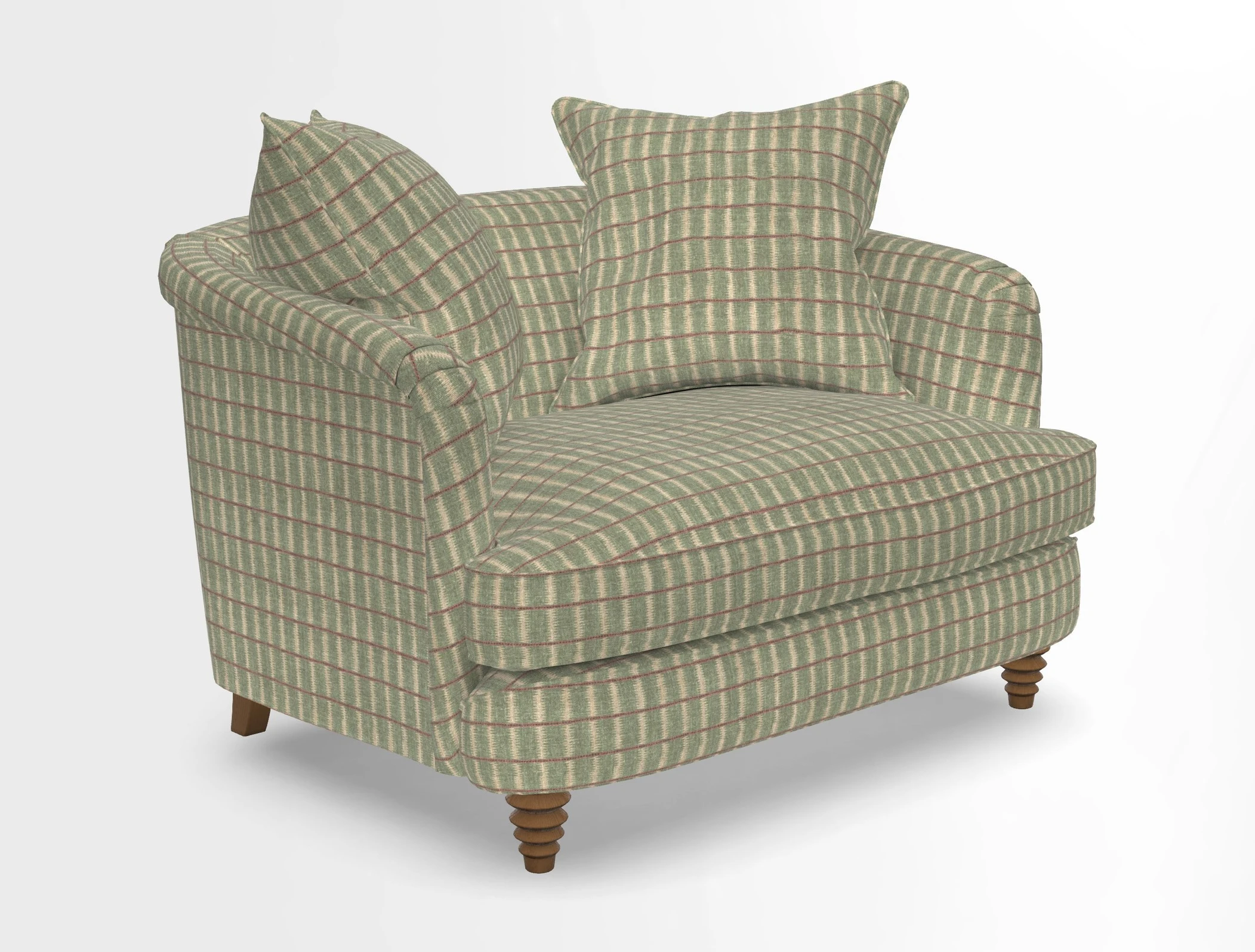 Helmsley Snuggler in V&A Threads of India Opulent Velvets Forest Creatures Hunter piping in Swiss Velvet Olive and scatter in Stockport Stripe Flame