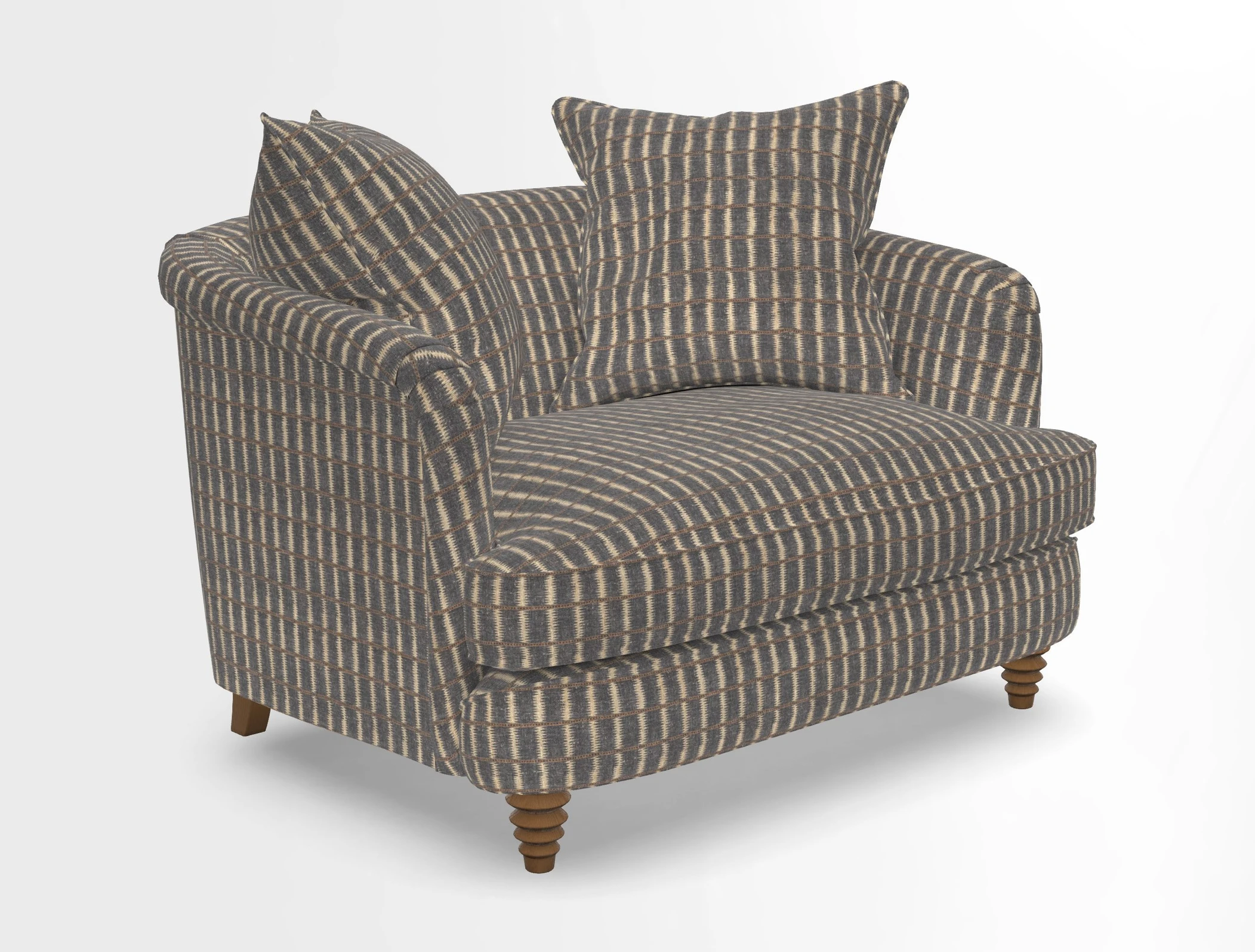 Helmsley Snuggler in V&A Threads of India Opulent Velvets Forest Creatures Hunter piping in Swiss Velvet Olive and scatter in Stockport Stripe Flame